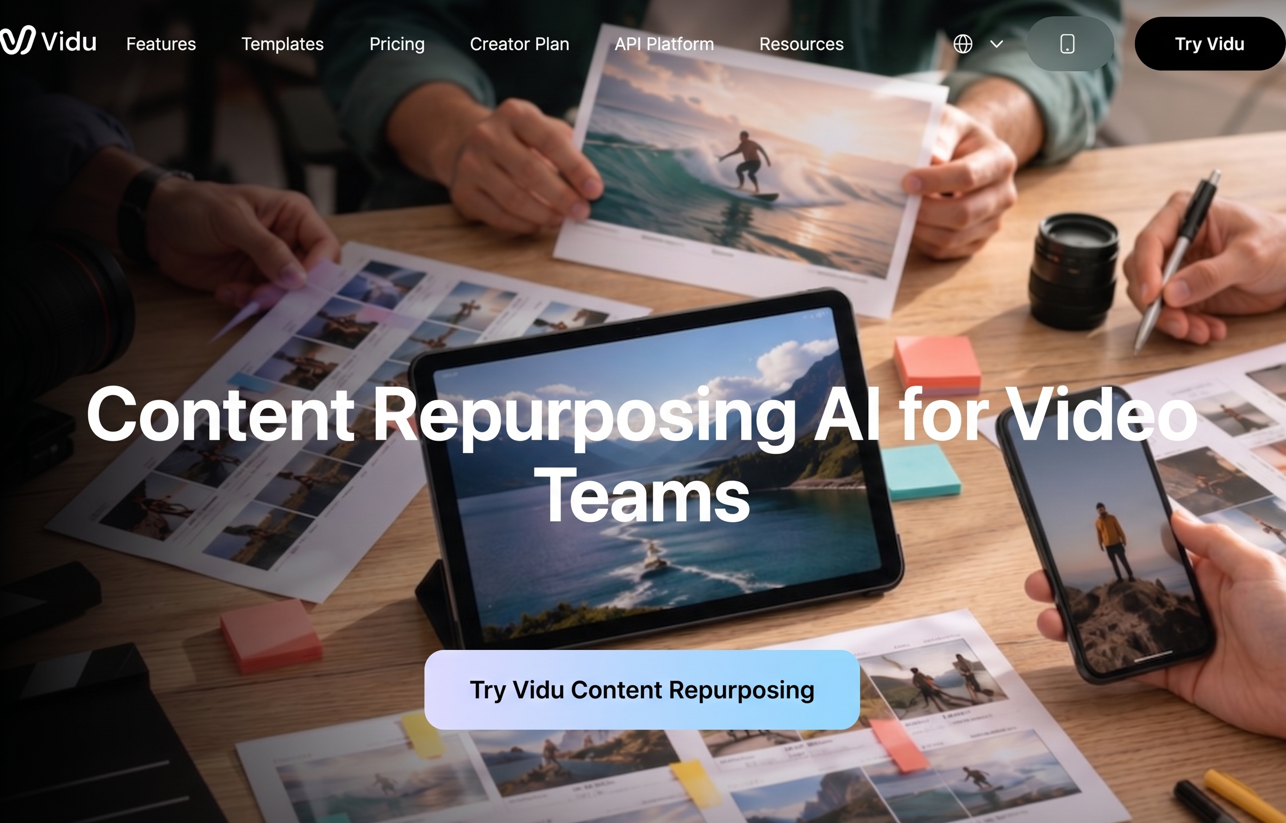 Desktop tablet and phones displaying marketing data for team content repurposing workflows.