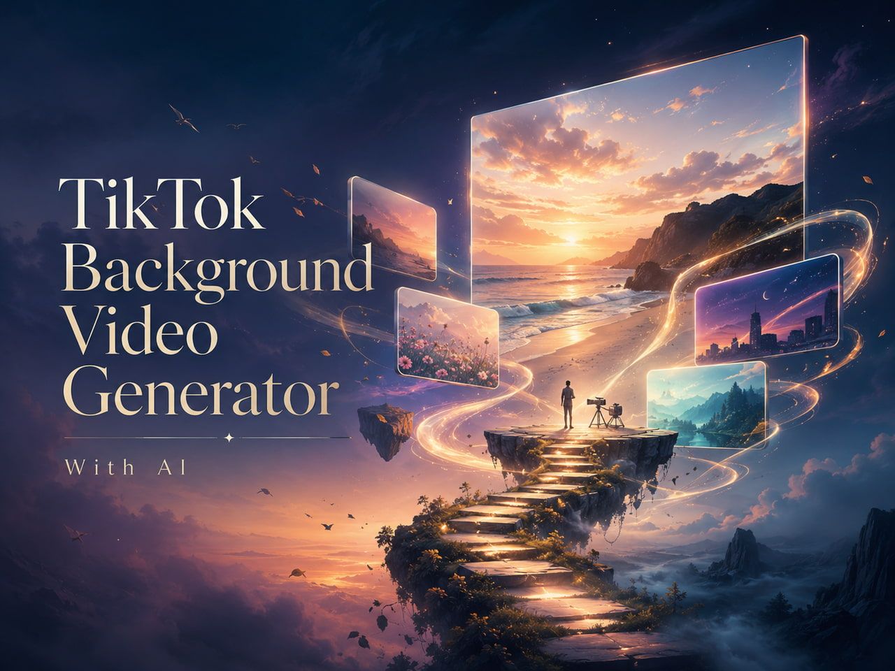Fantasy landscape banner showing an AI tiktok background video generator creating stunning scenic visuals.