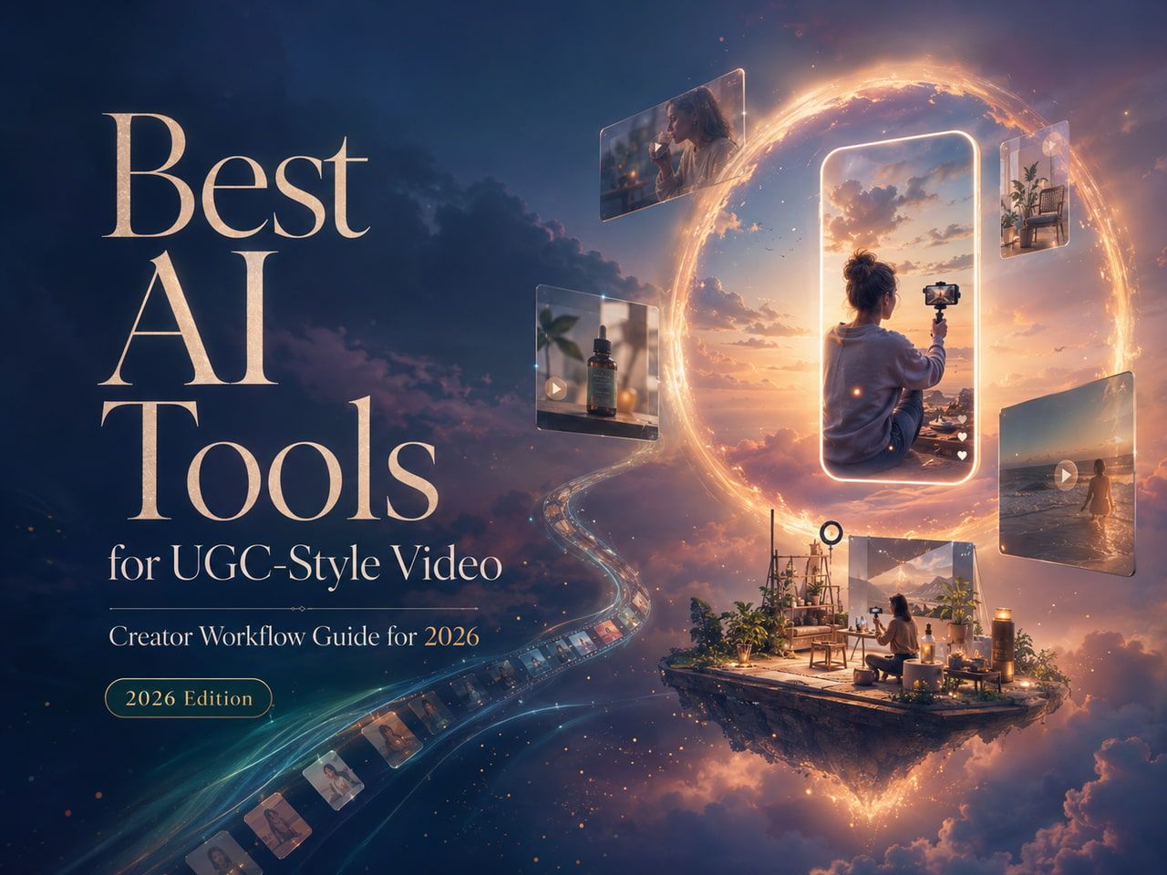 Surreal concept banner showcasing floating screens and the best AI tools for UGC-style video creation.