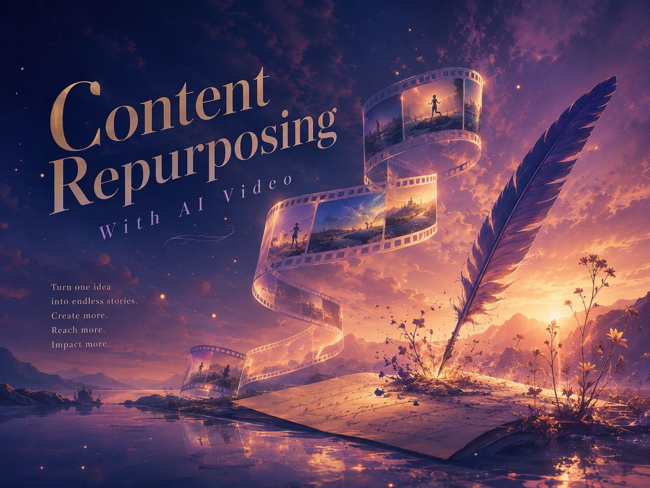 Fantasy book and film strip illustration demonstrating the power of AI video content repurposing.