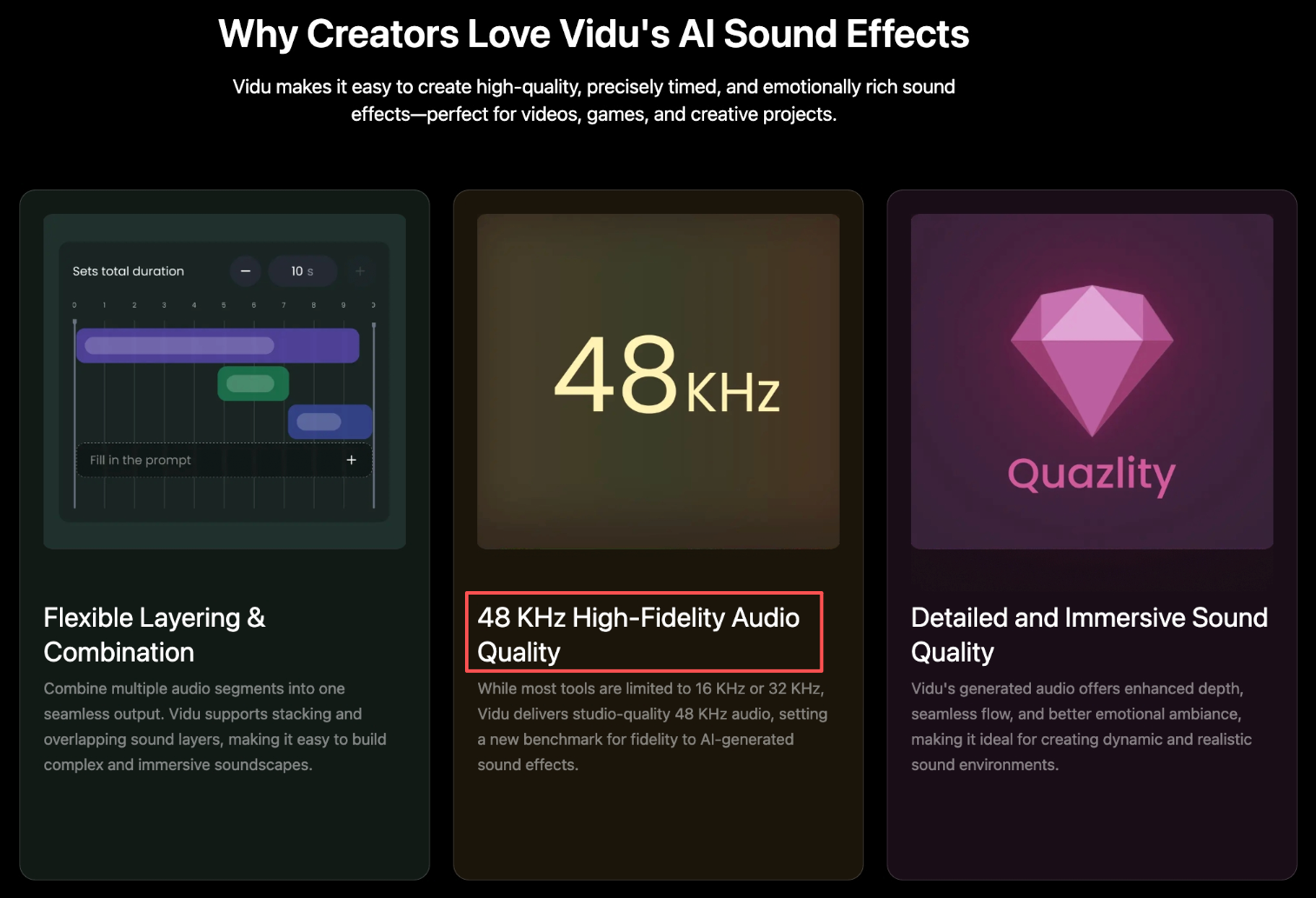 Dashboard showcasing 48KHz high fidelity sound quality settings within an ai sound effect generator.