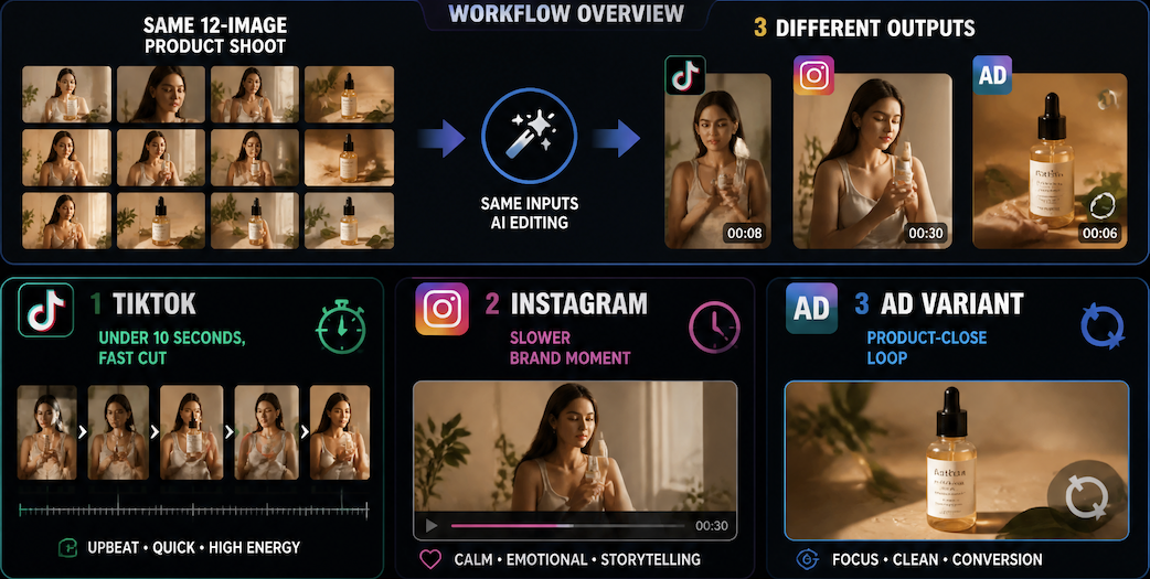 Product shoot images transformed into TikTok and Instagram ads through a content repurposing tool.