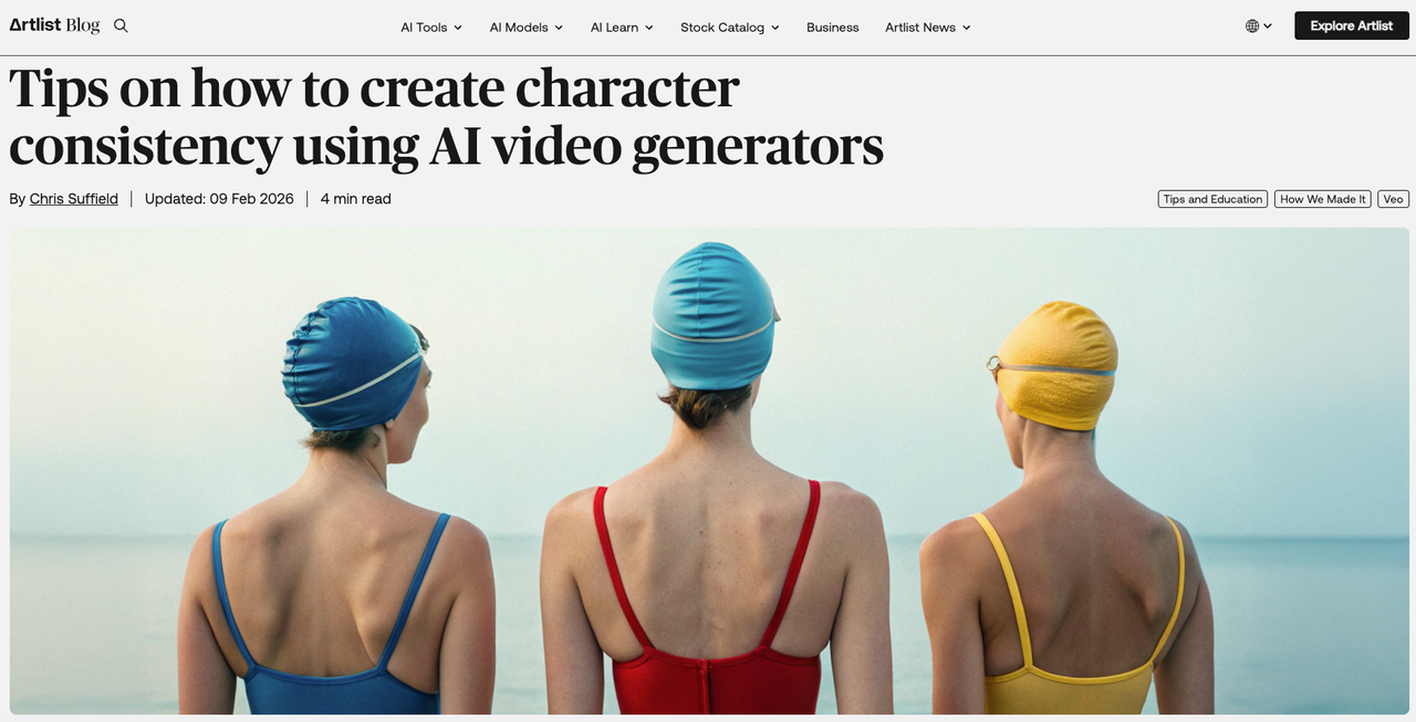 Three swimmers by the sea illustrating character consistency tips during content repurposing.