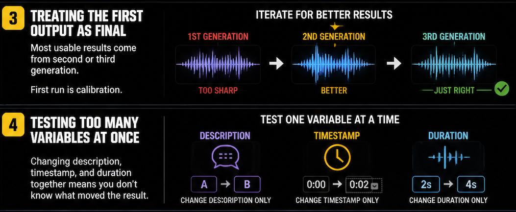 Sound wave infographic showing how to test variables and iterate using an ai sound effect generator.