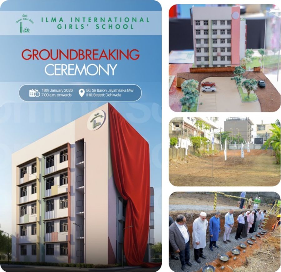Groundbreaking ceremony for the Ilma Dehiwala Project, with the new building render, ground plot and dignitaries turning the soil