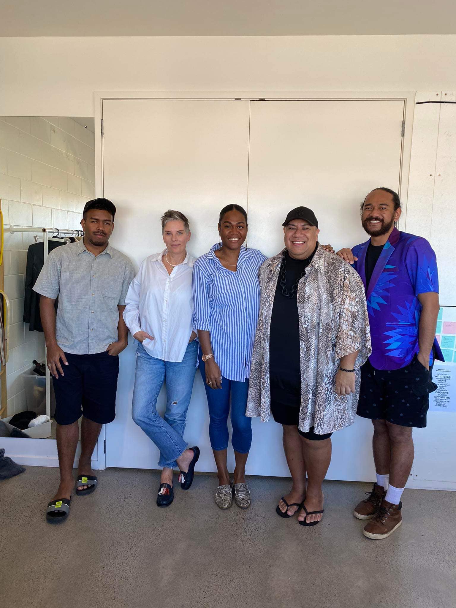 The Wearing Fiji team, from left, Ledua Daurewa, Heather Vakosooso, Samson Lee, and Aisea Solomone, with internationally acclaimed NZ Fashion icon Karen Walker (centre left). Photo/Pacific Connections MFAT Facebook