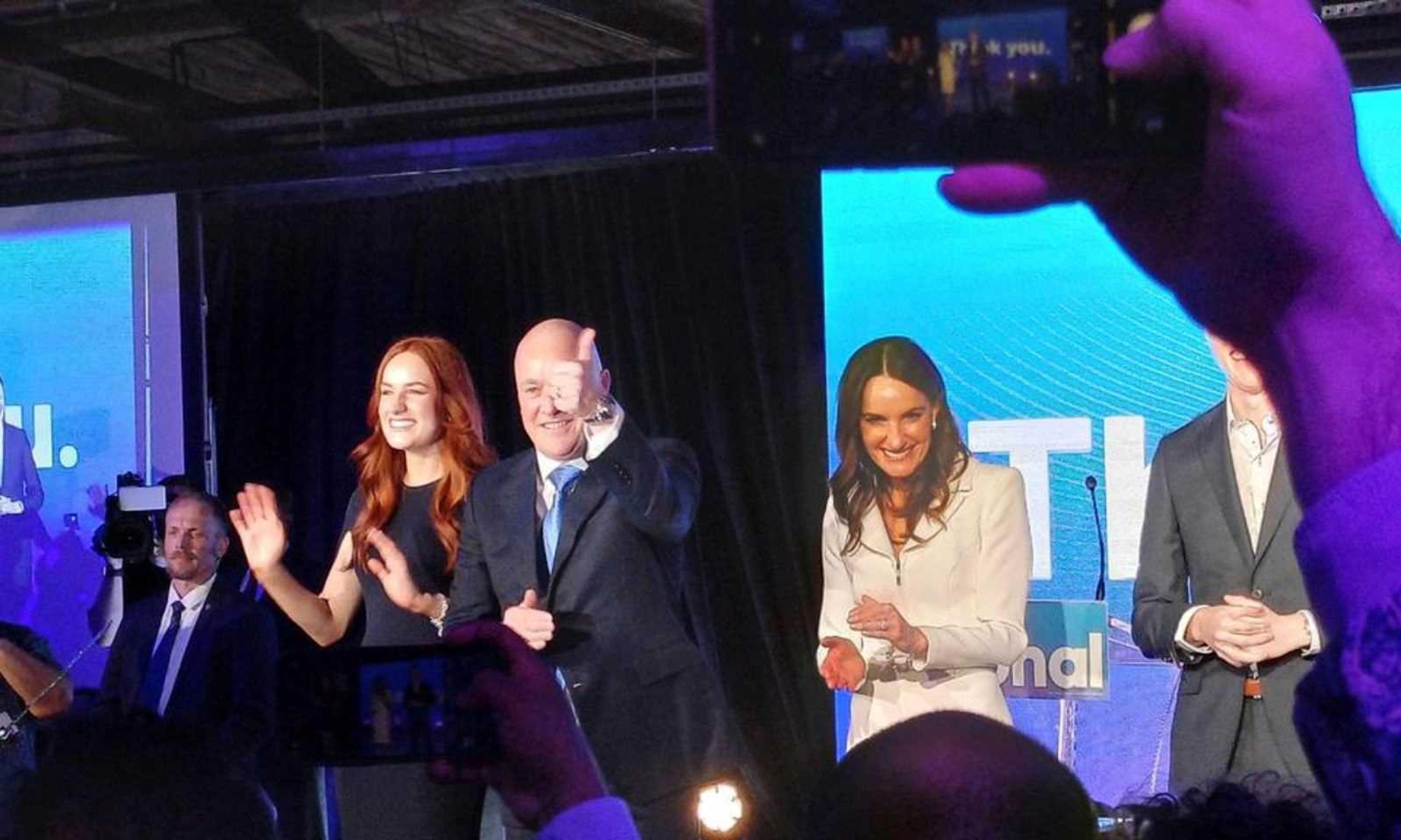 National leader Christopher Luxon, alongside his family, celebrating after the 2023 election result. 