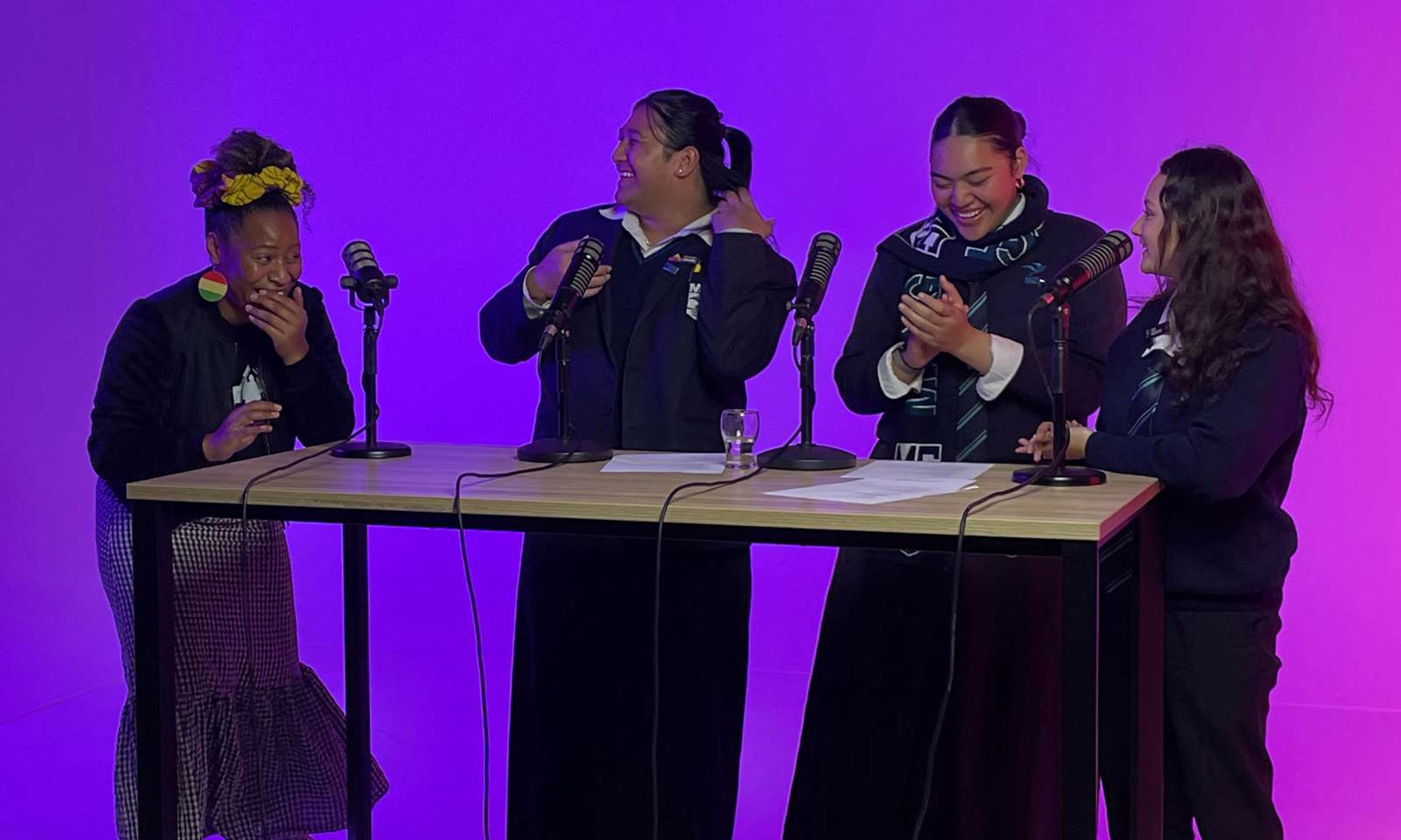 Ernestina Bonsu-Maro with the three Māngere College hosts, from left; Kasey Wehi, Tulei Salu and Manuia Fox-Romia on their new podcast Teens of the 275.