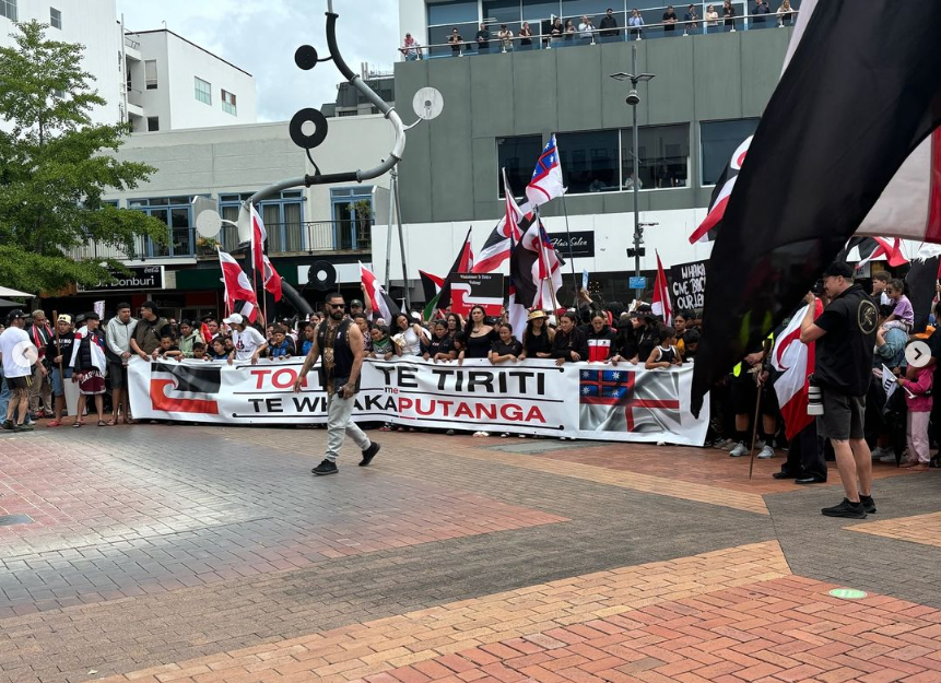 Hīkoi mō Te Tiriti activation at Garden Place, Kirikiriroa|Hamilton. Photo/Toitū Te Tiriti & Māori Women's Welfare League