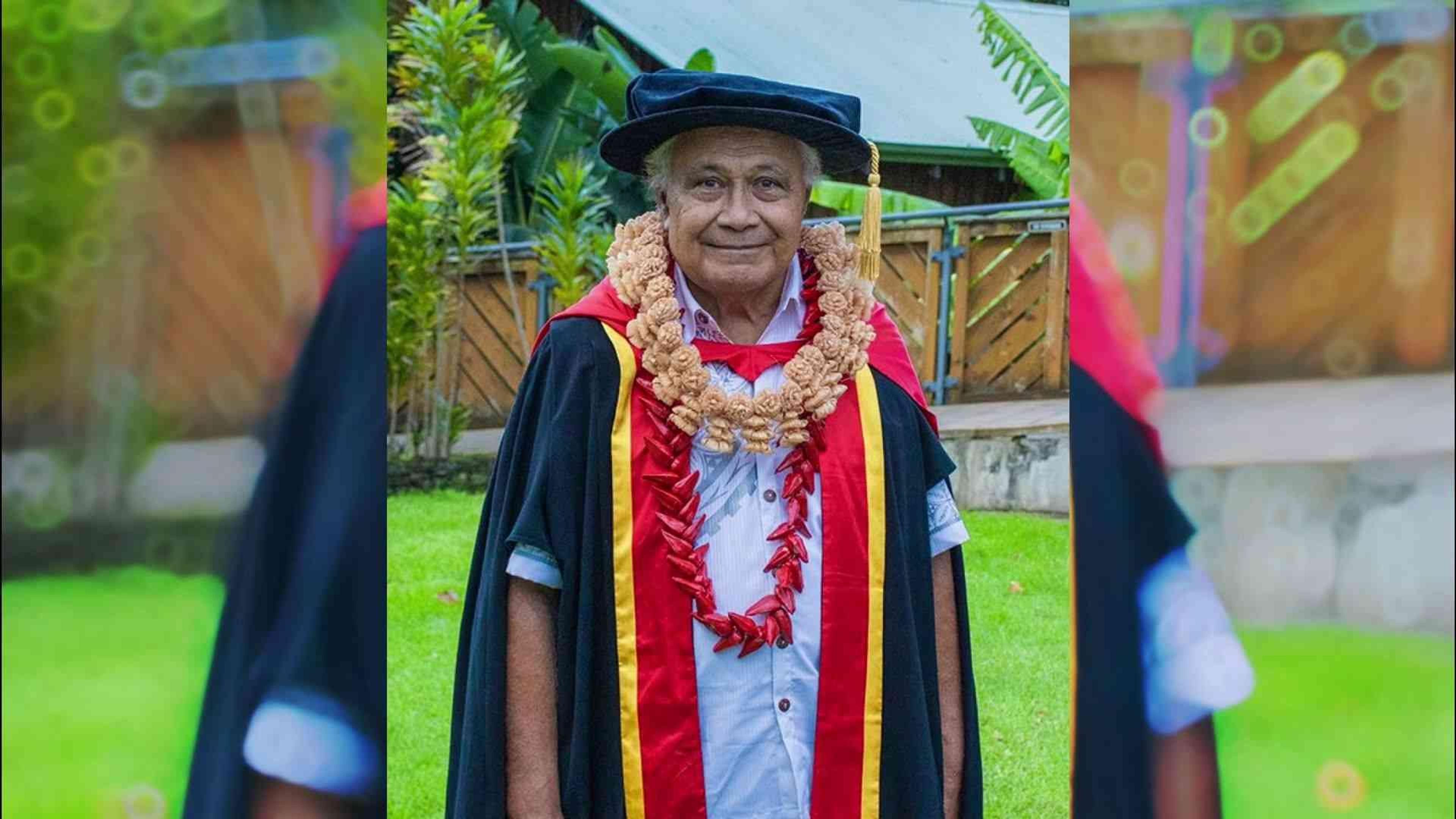 ​​Graduation Day: ​​​Muli'agatele Dr Vavaō Fetui outside the Fale Pasifika at Waipapa Taumata Rau, University of Auckland. 