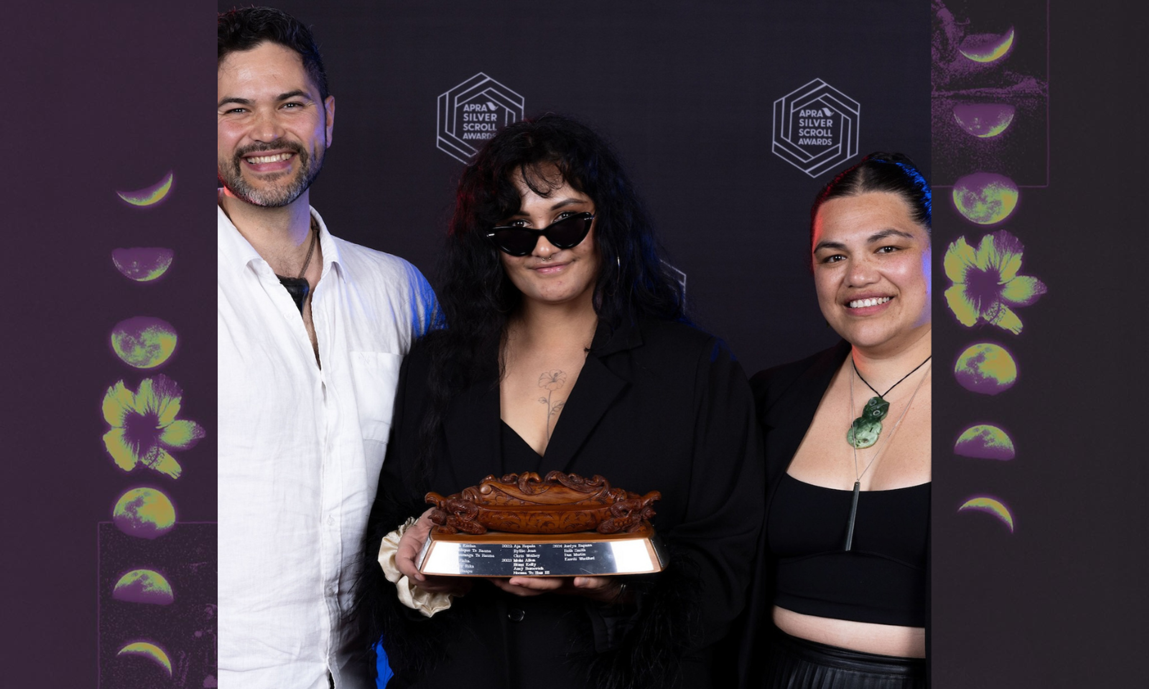 (From L - R) Kawiti Waetford, Jordyn Rapana, and Ruth Smith received the 2024 APRA Maioha Award for their co-written song "He Rei Niho".