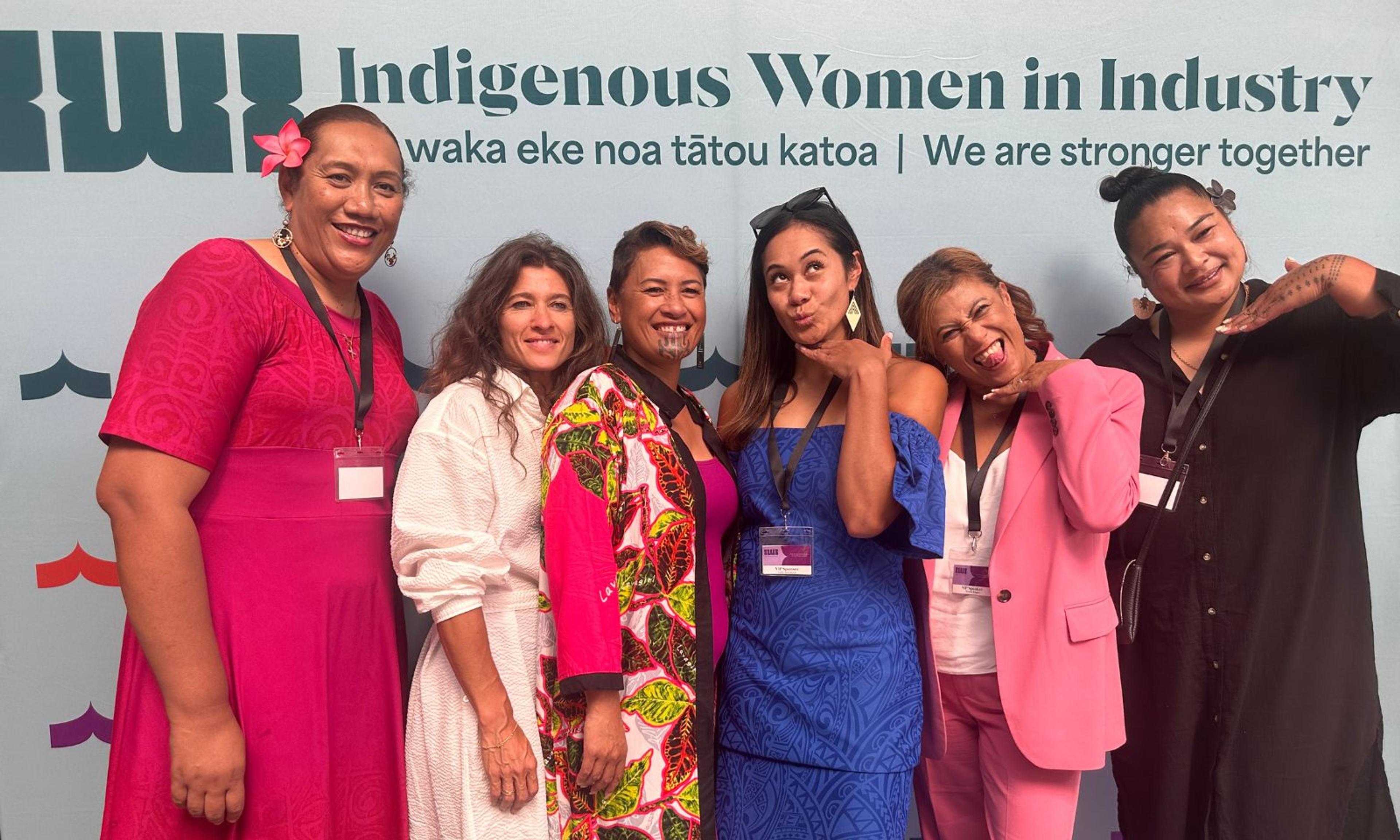 IWI co-founder Rachel Petero (printed dress) pictured with the Media and Film panellists, Chelsea Winstanley (white dress), Gaby Solomona (blue dress), and Nevak Rogers (pink suit).