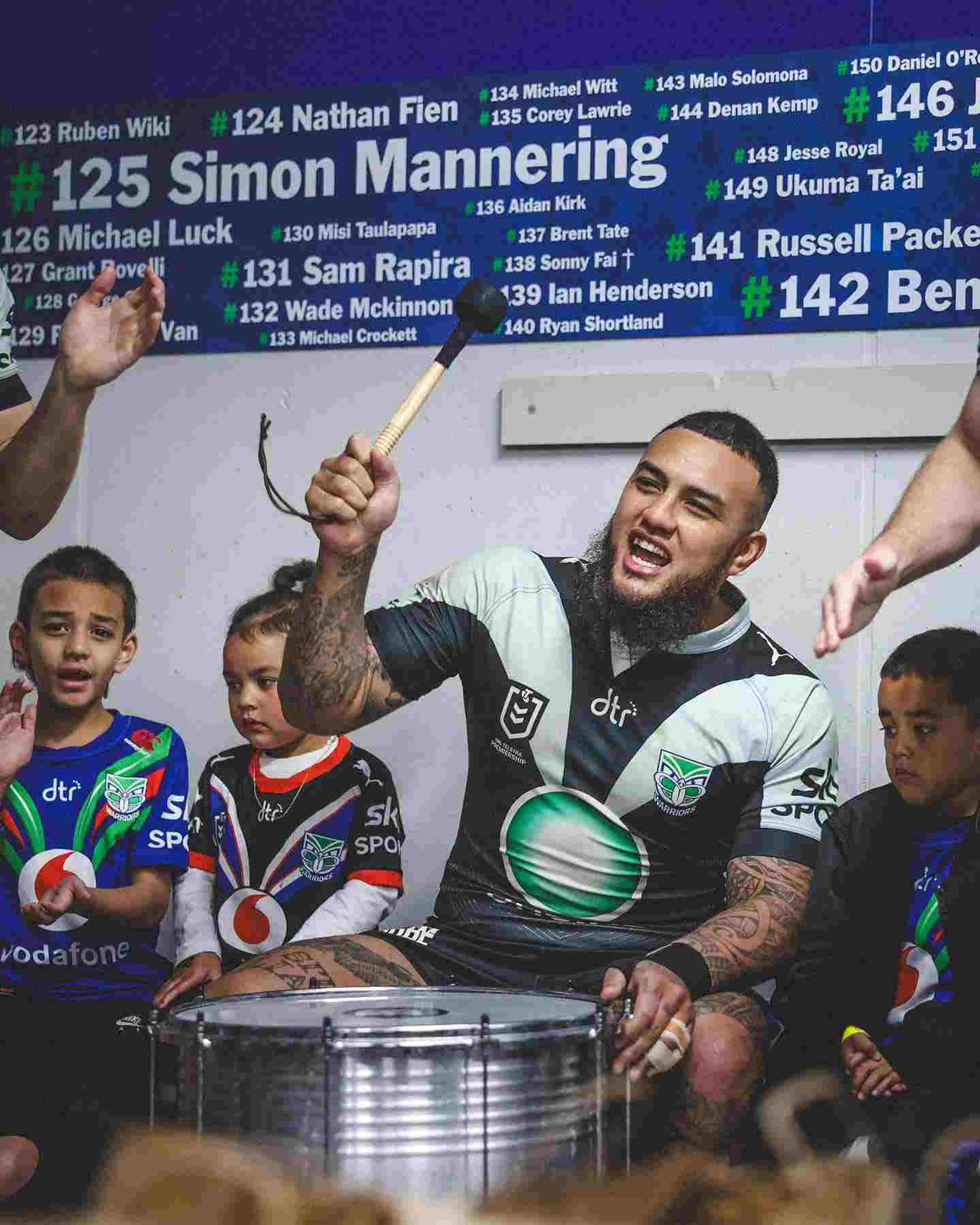 ​​​Addin Fonua-Blake singing the team song after a home victory. ​​​​Photo/One NZ Warriors Facebook