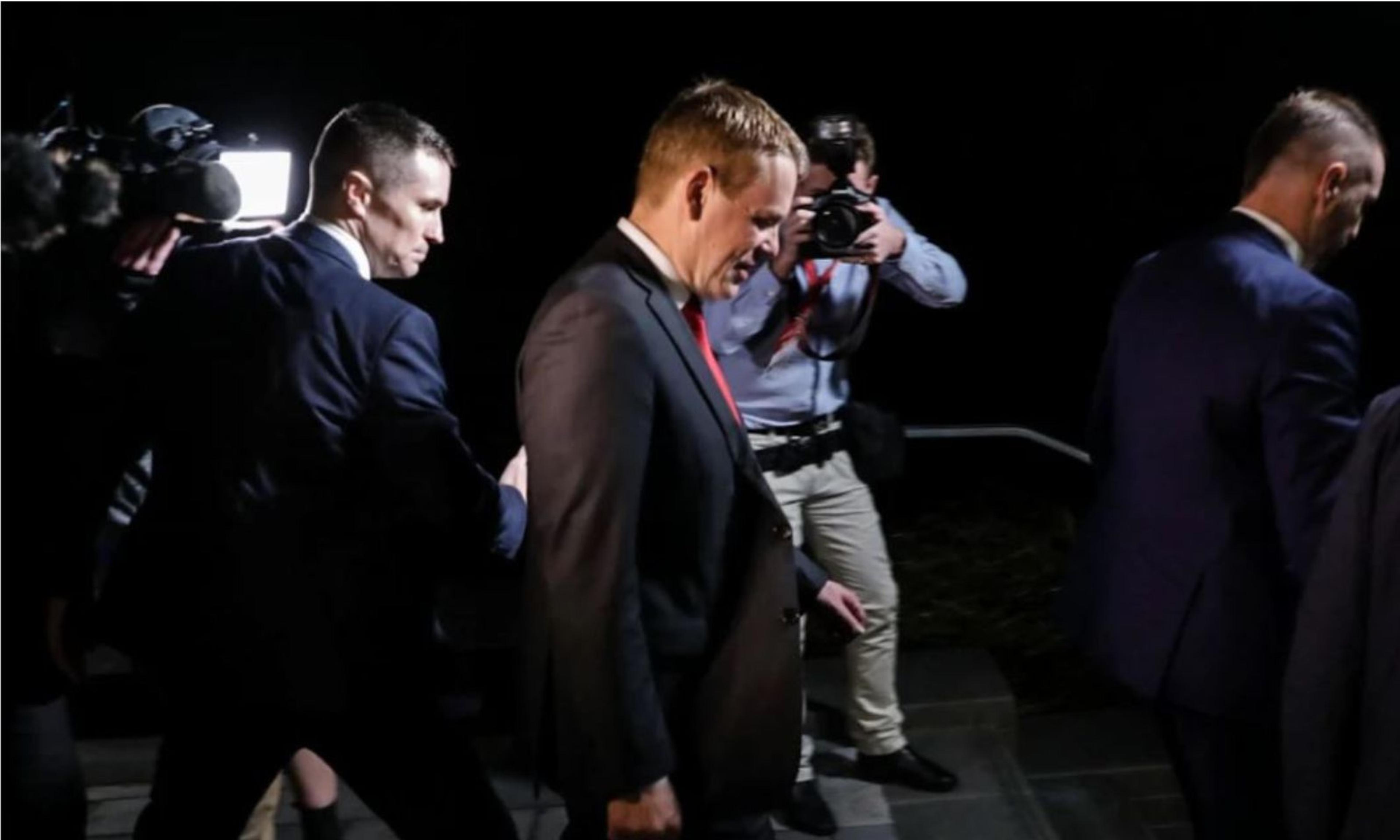 Chris Hipkins arrives at Labour HQ on Election Night. 