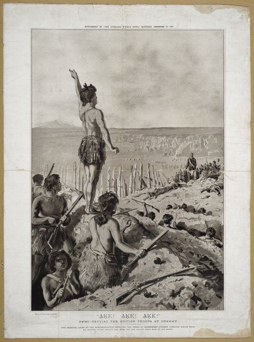 Rewi Maniapoto defying the British troops at Ō-Rākau. Photo/Wilson & Horton, 1893