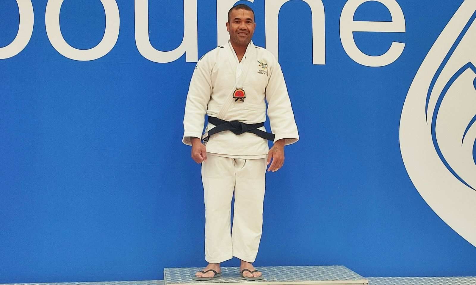 Faka'osi winning gold for the Veteran Men under 90 kg division in Melbourne. Photo/ Supplied/ Australian Defence Force