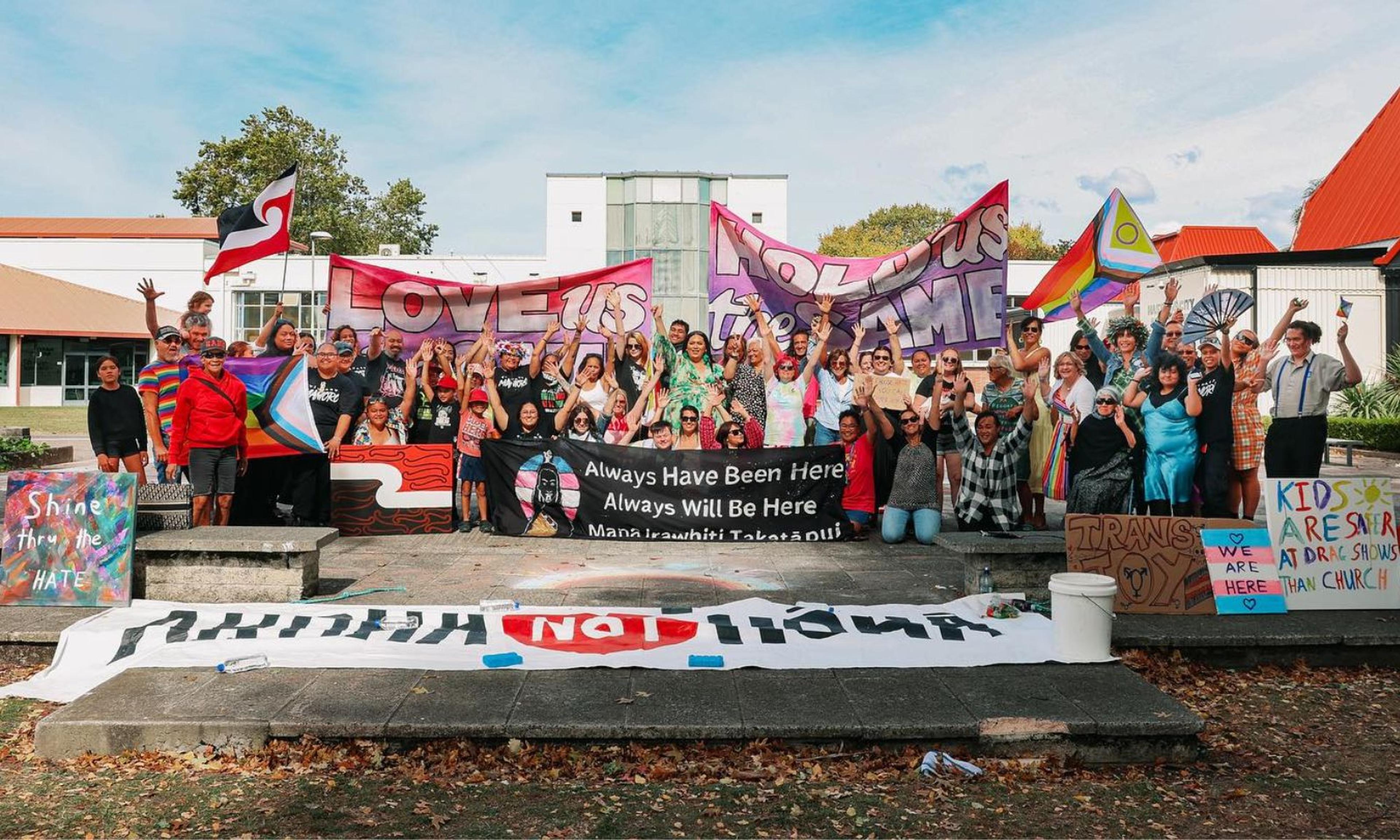 The Rainbow+ community in Hastings held a Peace and Love Action event to show unity amidst rising targeted attacks on rainbow communities in Aotearoa.