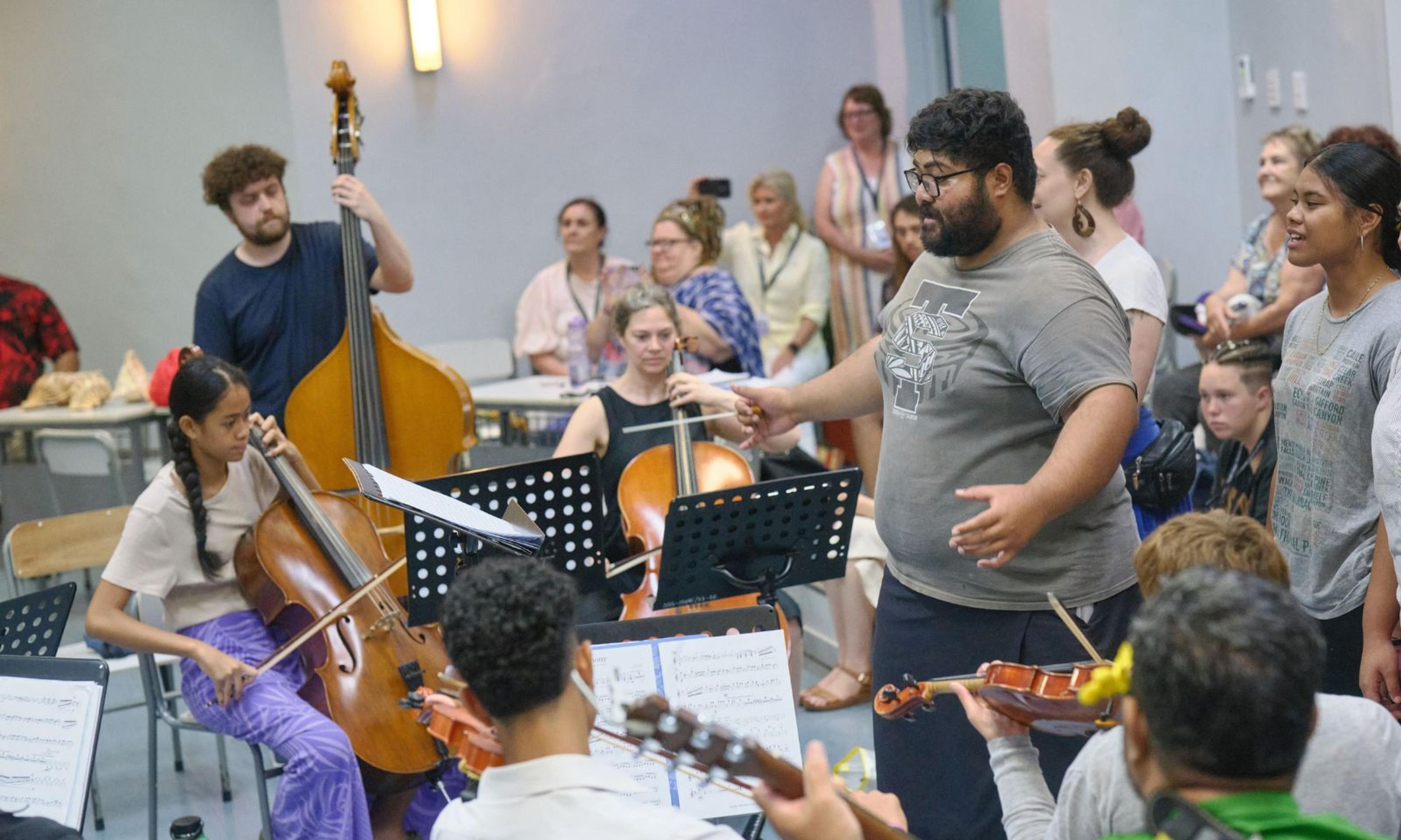 Philton Solomona conducts rehearsals with musicians from SolFa Music Sāmoa and Auckland Philharmonia players ahead of their combined performance at the Closing Ceremony for the Commonwealth Youth Forum during CHOGM 2024. Photo/Thomas Hamill/Supplied