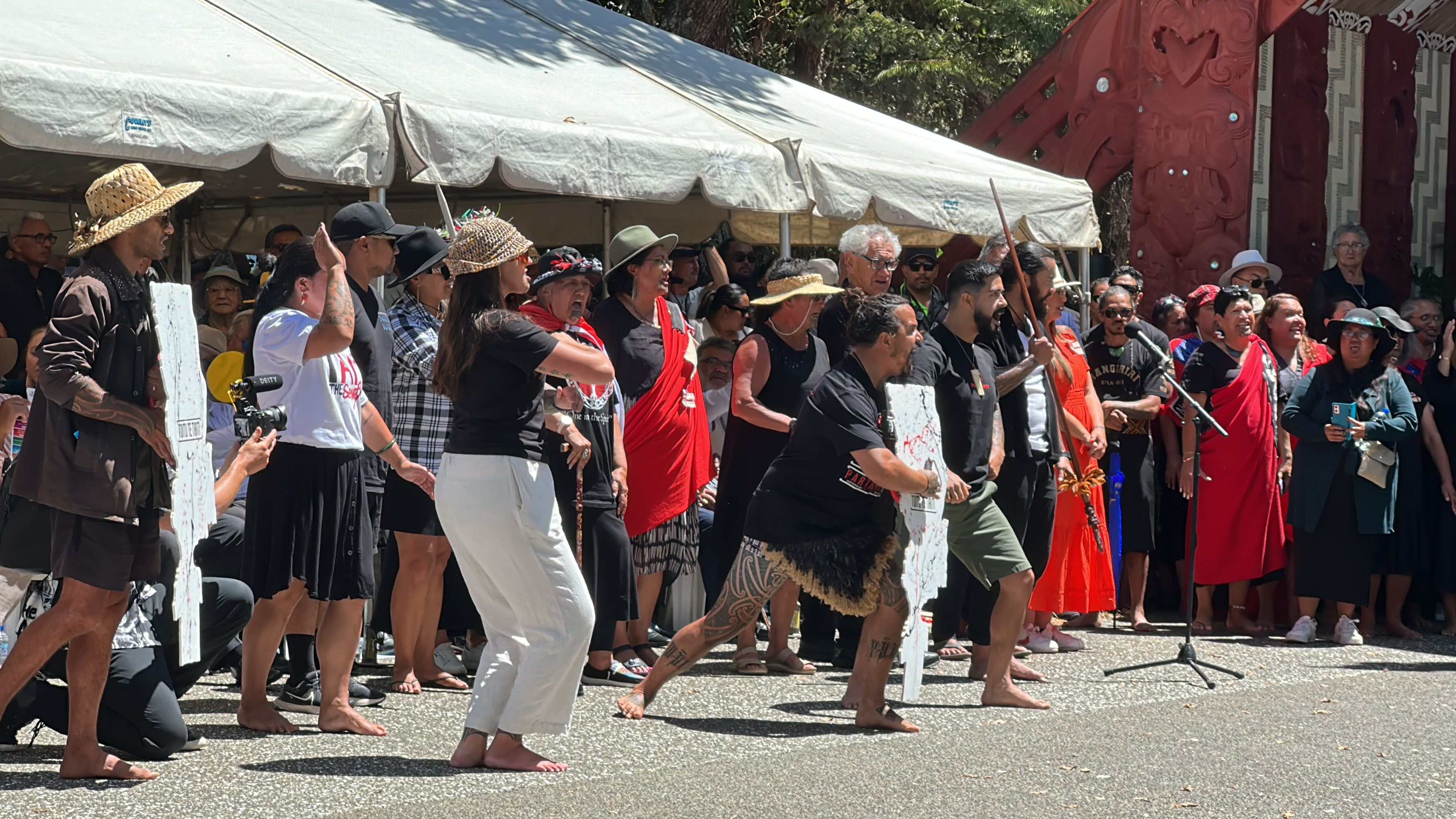 Toitū Te Tiriti activists perform Ngati Toa haka 'Ka Mate, Ka Mate' to the government as they enter onto marae ātea of Te Whare Rūnanga. Photo/PMN News