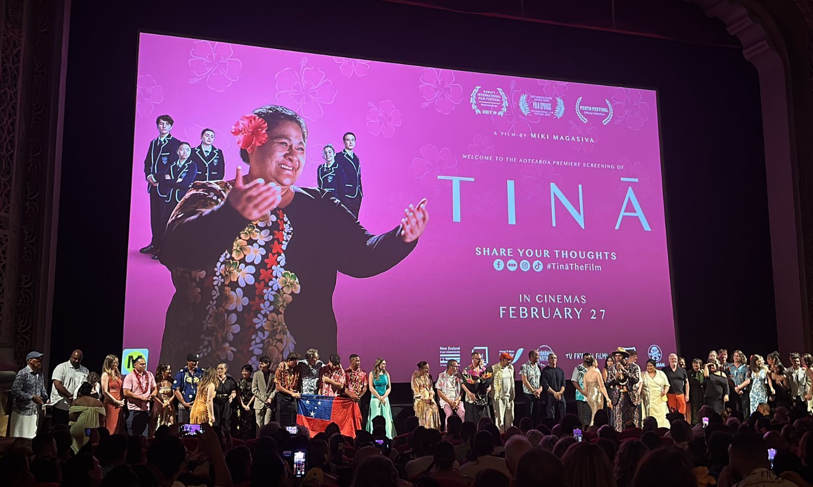 A standing ovation for Tinā cast and crew at the Auckland premiere in February. Photo/Atutahi Potaka-Dewes