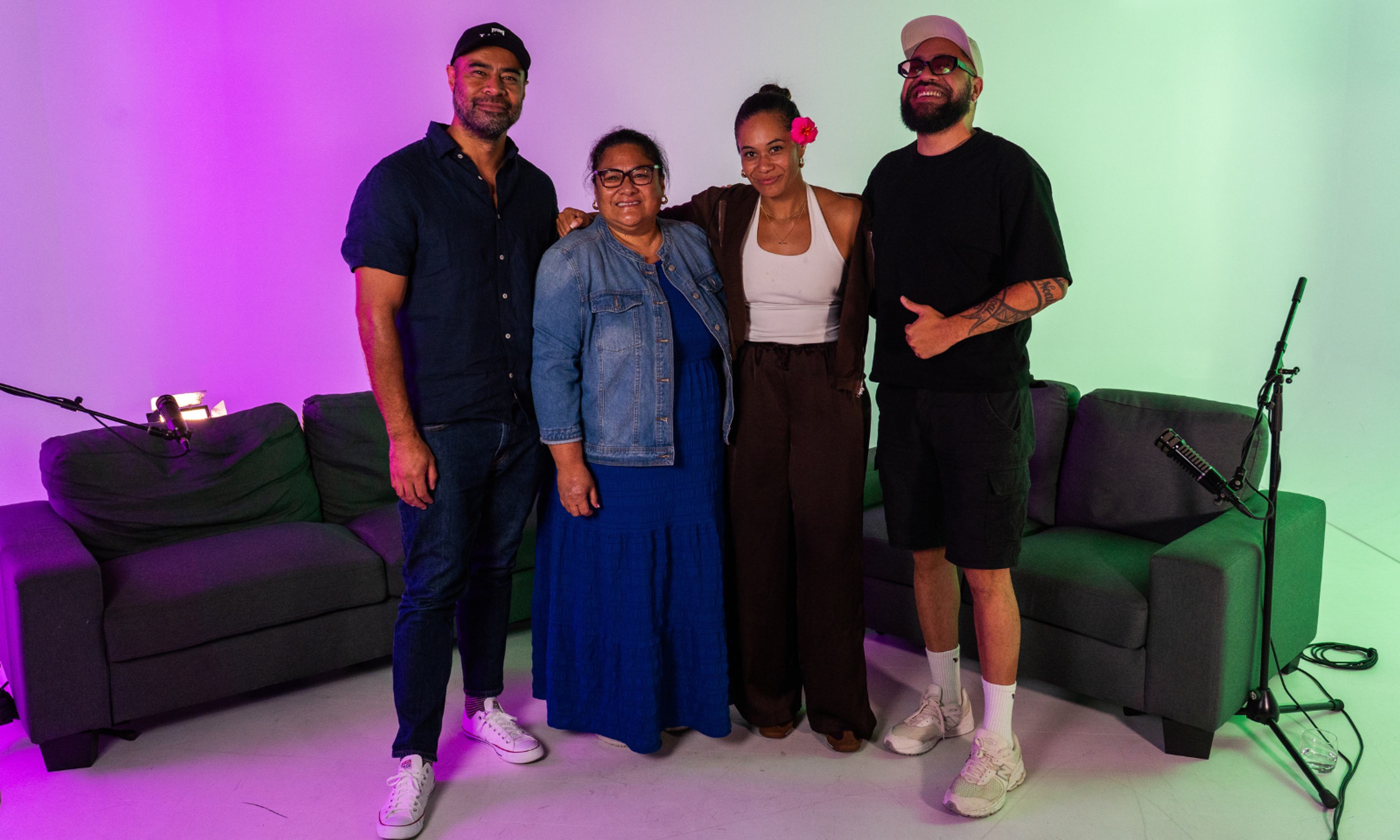 Tinā director Miki Magasiva and lead actor Anapela Polata'ivao with NiuFM's Gaby Solomona and Regan Foa'i