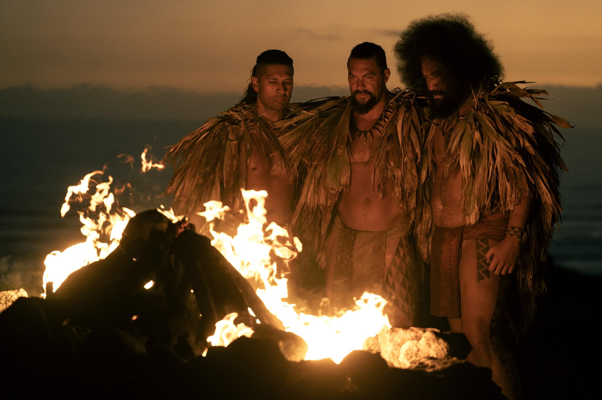 Brothers in arms, (from left) Te Kohe Tuhaka as Namake, Jason Momoa as Ka'iana, and Siua Ikale'o as Nahi'. Photo/Supplied