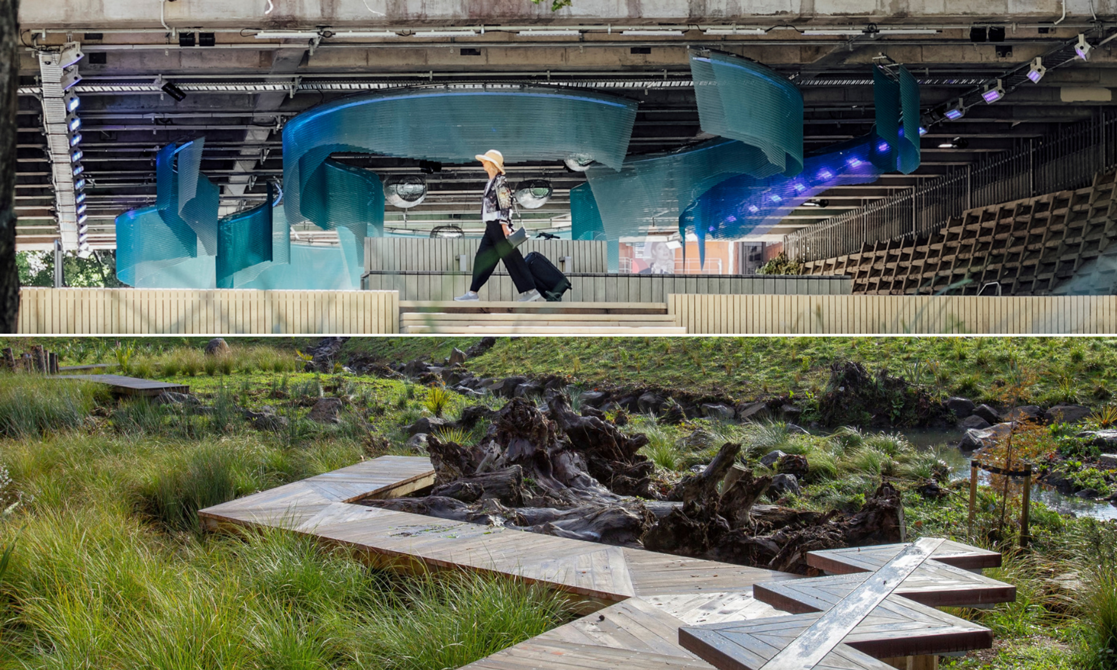 (Top) Waimahara is located by the Basement Theatre in Myers Park in the CBD. (Bottom) Te Auaunga stroll along Oakley Creek through Walmsley and Underwood Reserves.