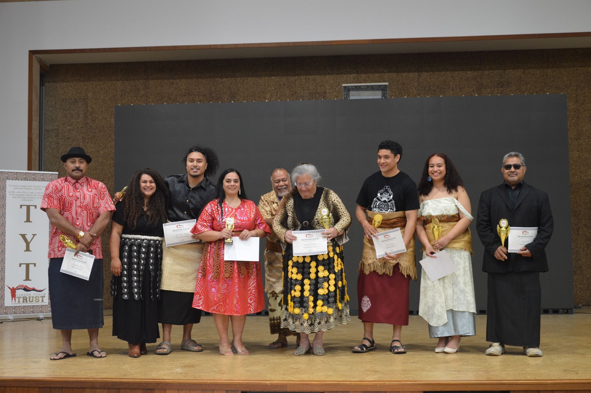 Performing Arts and Fine Arts awardees of the Tongan Youth Trusts Excellence Awards (from L-R Halaifonua Finau, Vea Mafile'o, John-Paul Foliaki, Uhila Nai, unkown family members, Simi Veatupu, Hulita Koloi, unknown. Photo/Pasifika Futures Facebook