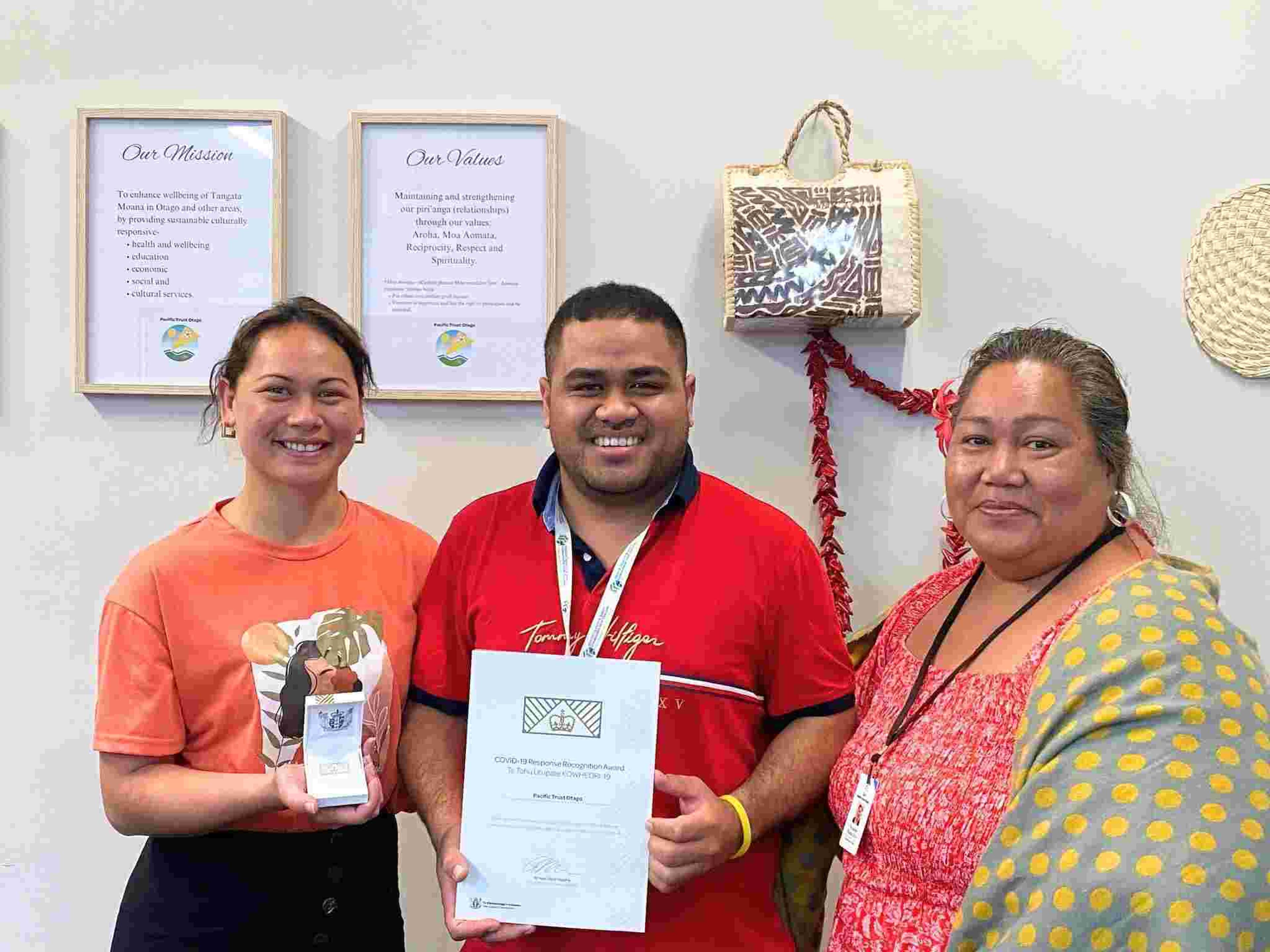 Charlotte Kareroa, Tevita Vungamoeahi and Pacific Trust Otago CEO Fa'animo Elisara-Too. ​​​Charlotte Kareroa, Tevita Vungamoeahi and Pacific Trust Otago CEO Fa'animo Elisara-Too. ​​​Photo/Supplied