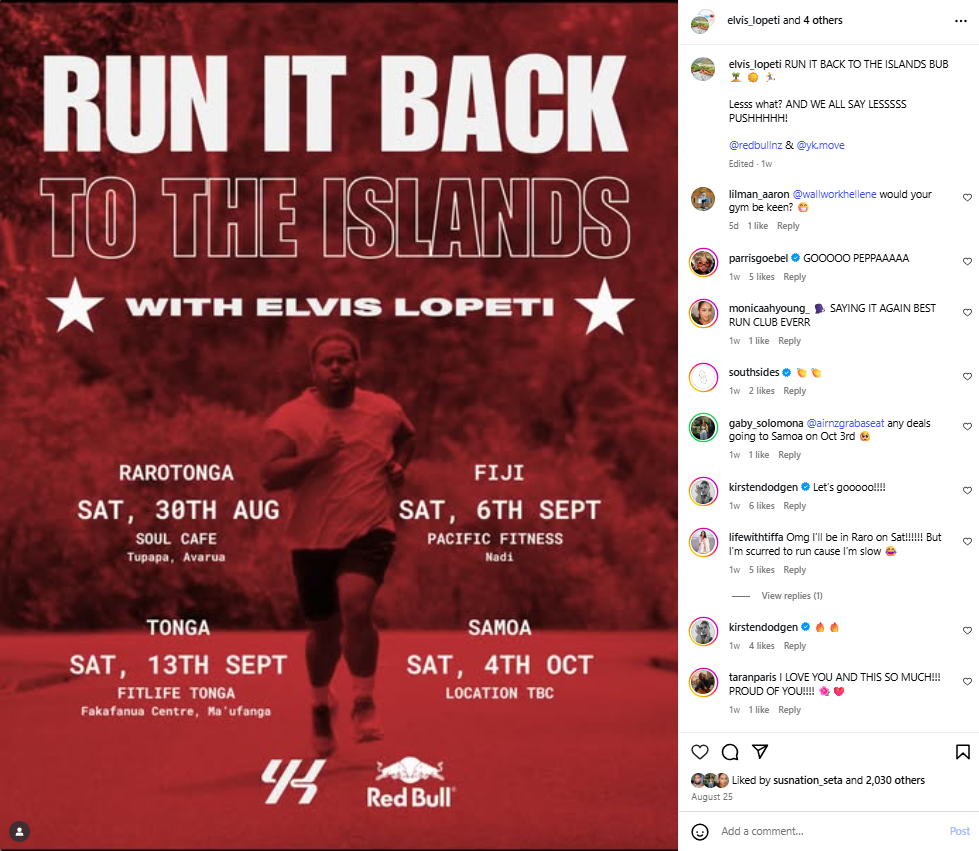 Ws in the chat for Elvis Lopeti's Run It Back to the Islands campaign. Photo/Screenshot/Instagram