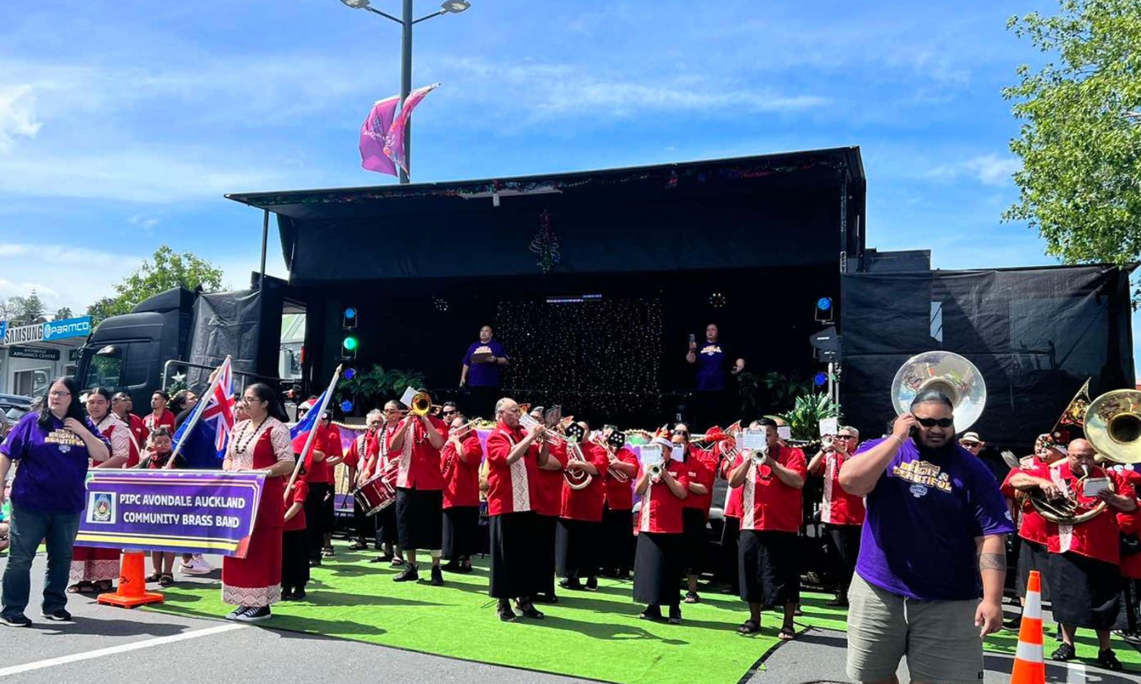 The PIPC Avondale Auckland Community Brass Band performing at the Avondale Christmas Parade. 