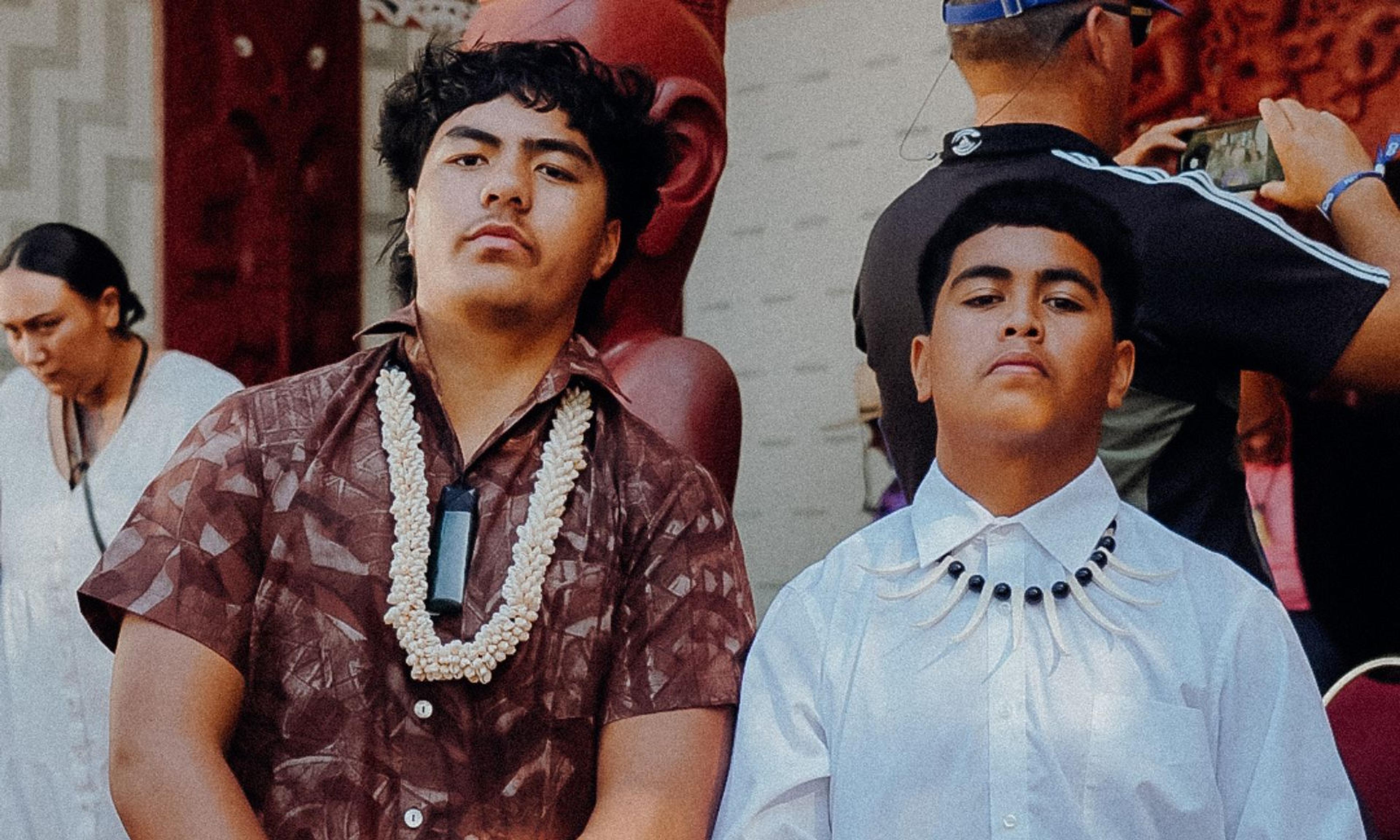 Arumaki Cowan, left, and Pomare Remana-Rogers stood stong in their reo for the Pacific General Assembly pōwhiri onto Waitangi.