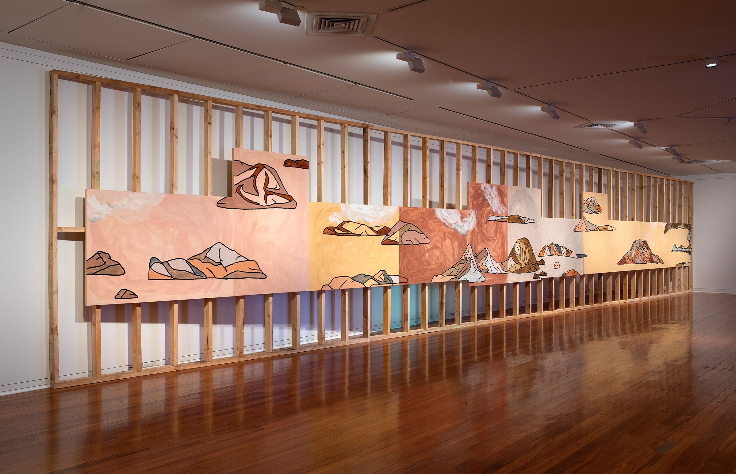 Cora-Allan Ko ao, ko ao, ko Aotearoa! 2023 (installation view, Dunedin Public Art Gallery, 2023). Whenua and kāpia ink on birch plywood panels. Courtesy of the artist. Photo/Justin Spears.