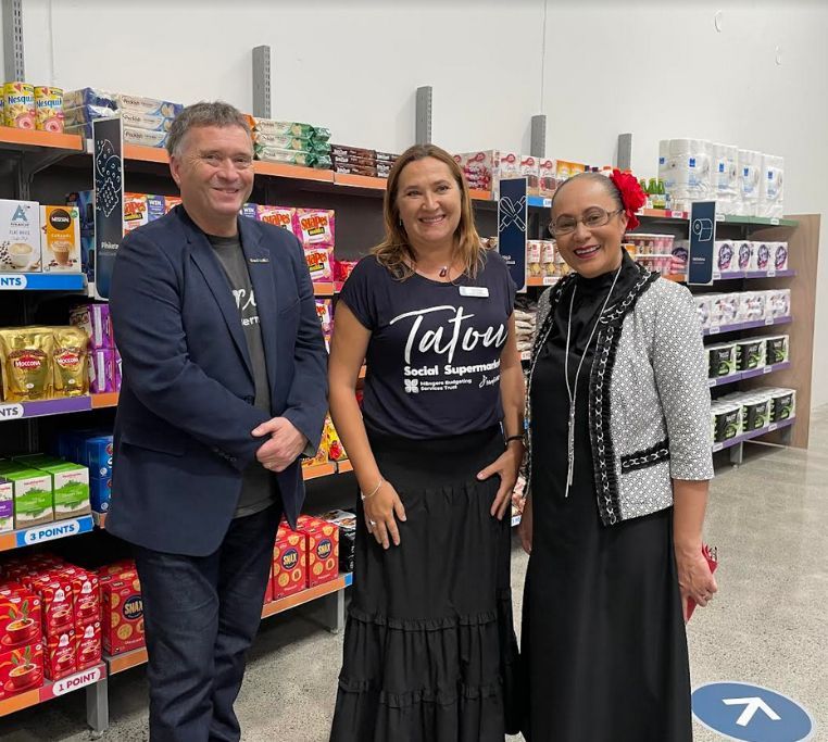 Chris Quin - Chief Executive of Foodstuffs North Island, Lara Dolan - Chief Executive of Mangere Budgeting Services and Jenny Salesa - MP for Panmure-Otahuhu at the opening of Tatou, South Auckland's first social supermarket. Photo/Supplied