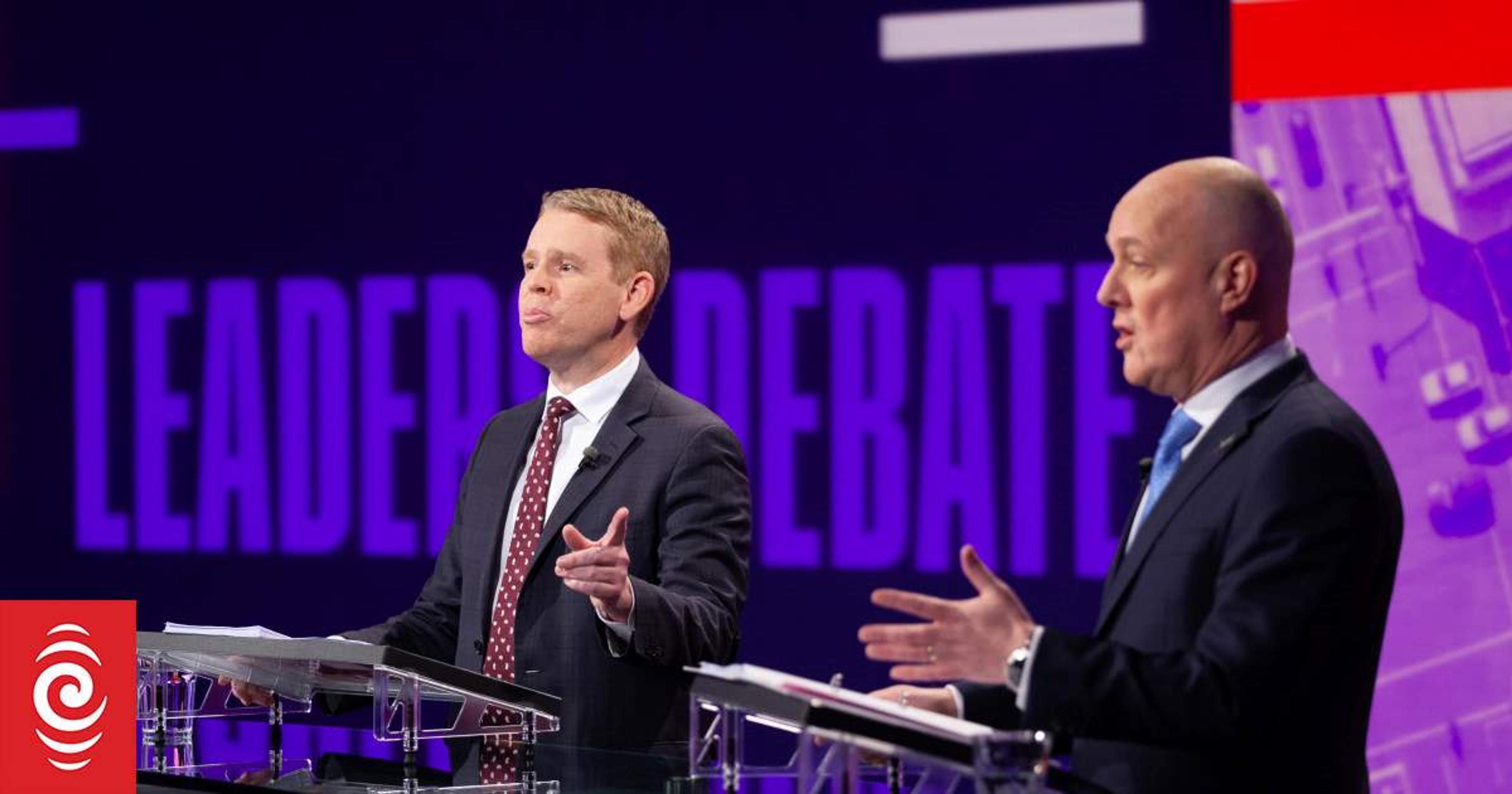 Chris Hipkins and Christopher Luxon during the first Leaders’ Debate of 2023 on TVNZ 1. Photo/ RNZ