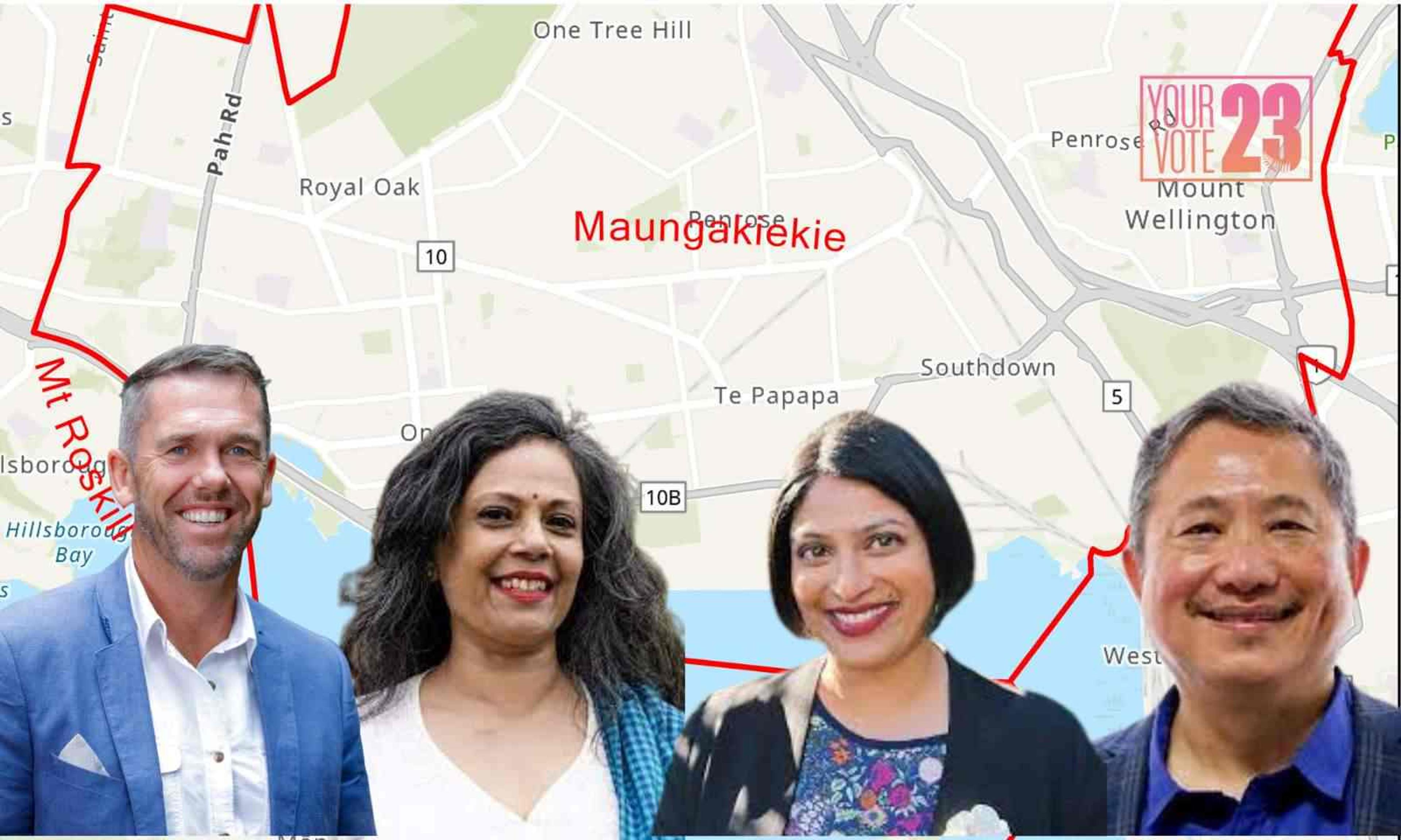 Four of the Maungakiekie electorate candidates from left; National's Greg Fleming, the Greens' Sapna Samant, Labour's Priyanca Radhakrishnan and Rock The Vote NZ's Eric Chuah. 