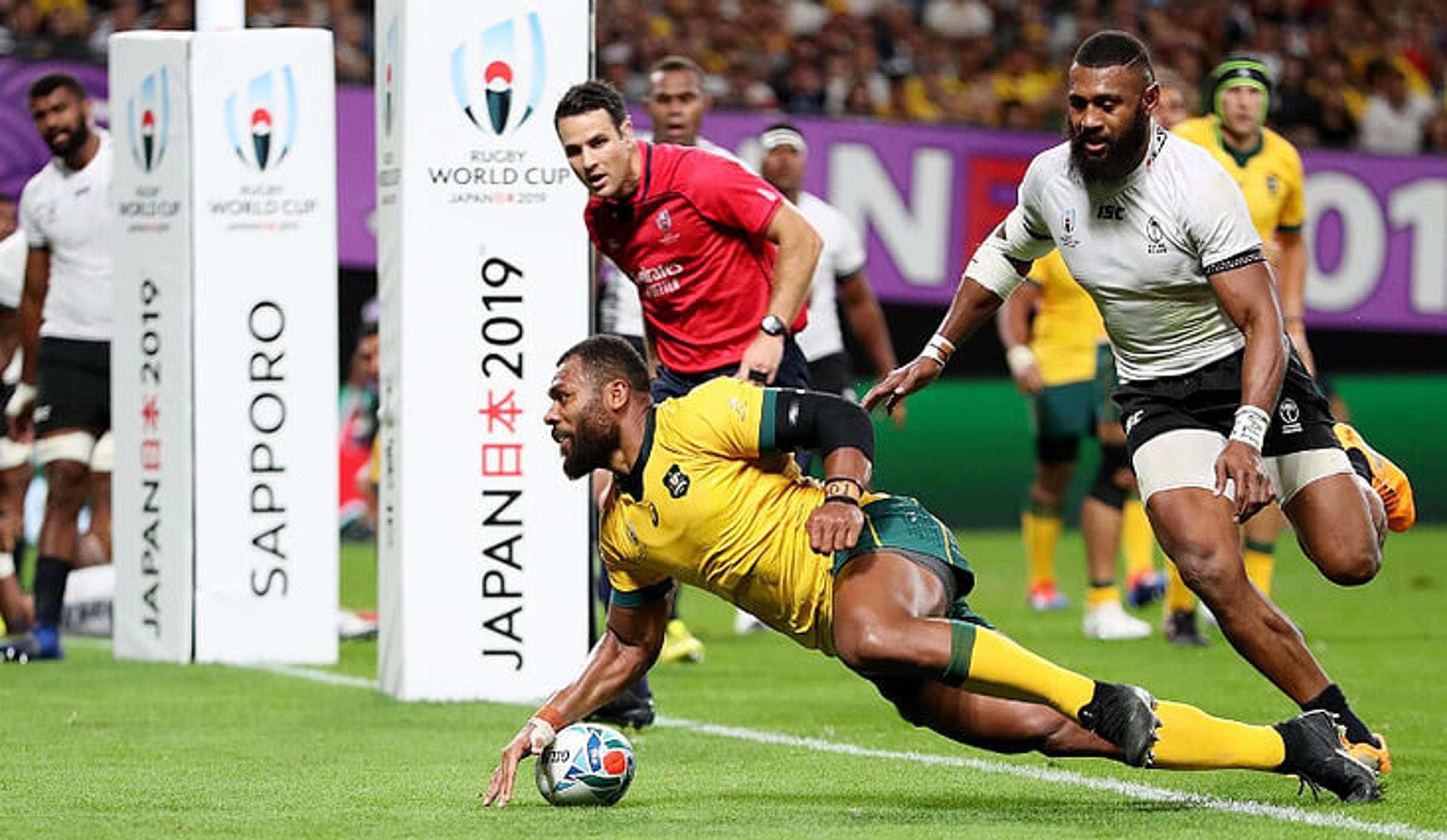 Samu Kerevi crashes over the line in the Wallabies 32-21 win over Fiji. 