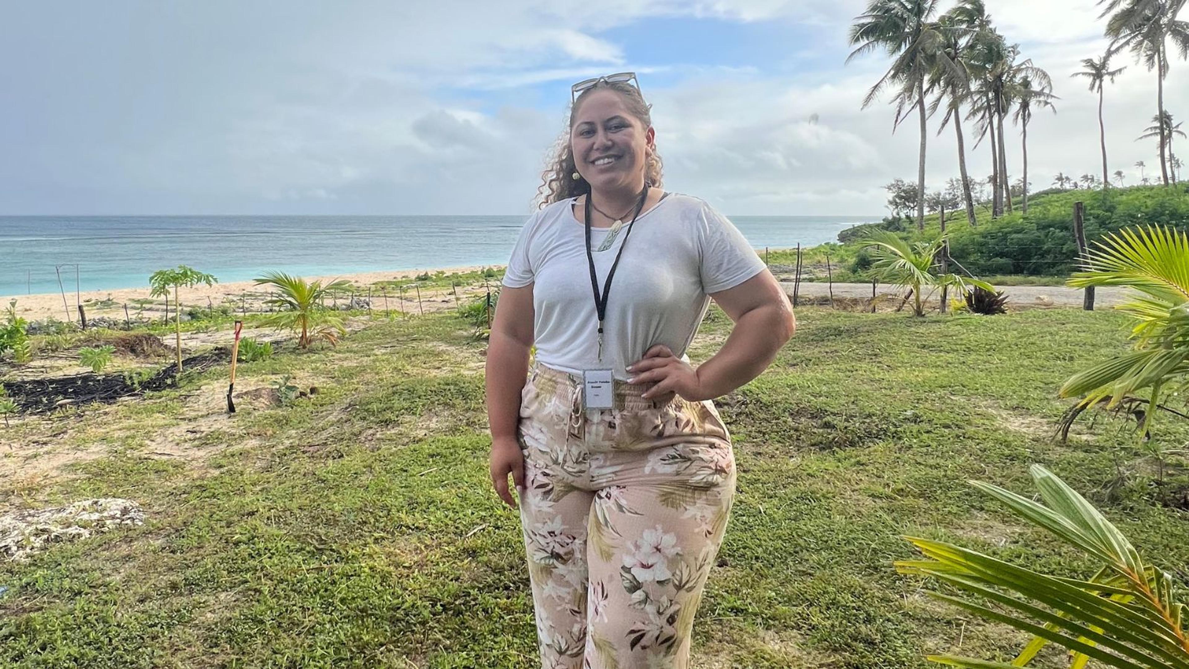 PMN Multimedia Journalist Atutahi Potaka-Dewes at Ha'atafu Beach, Tongatapu during her coverage of the Pacific Mission in April.