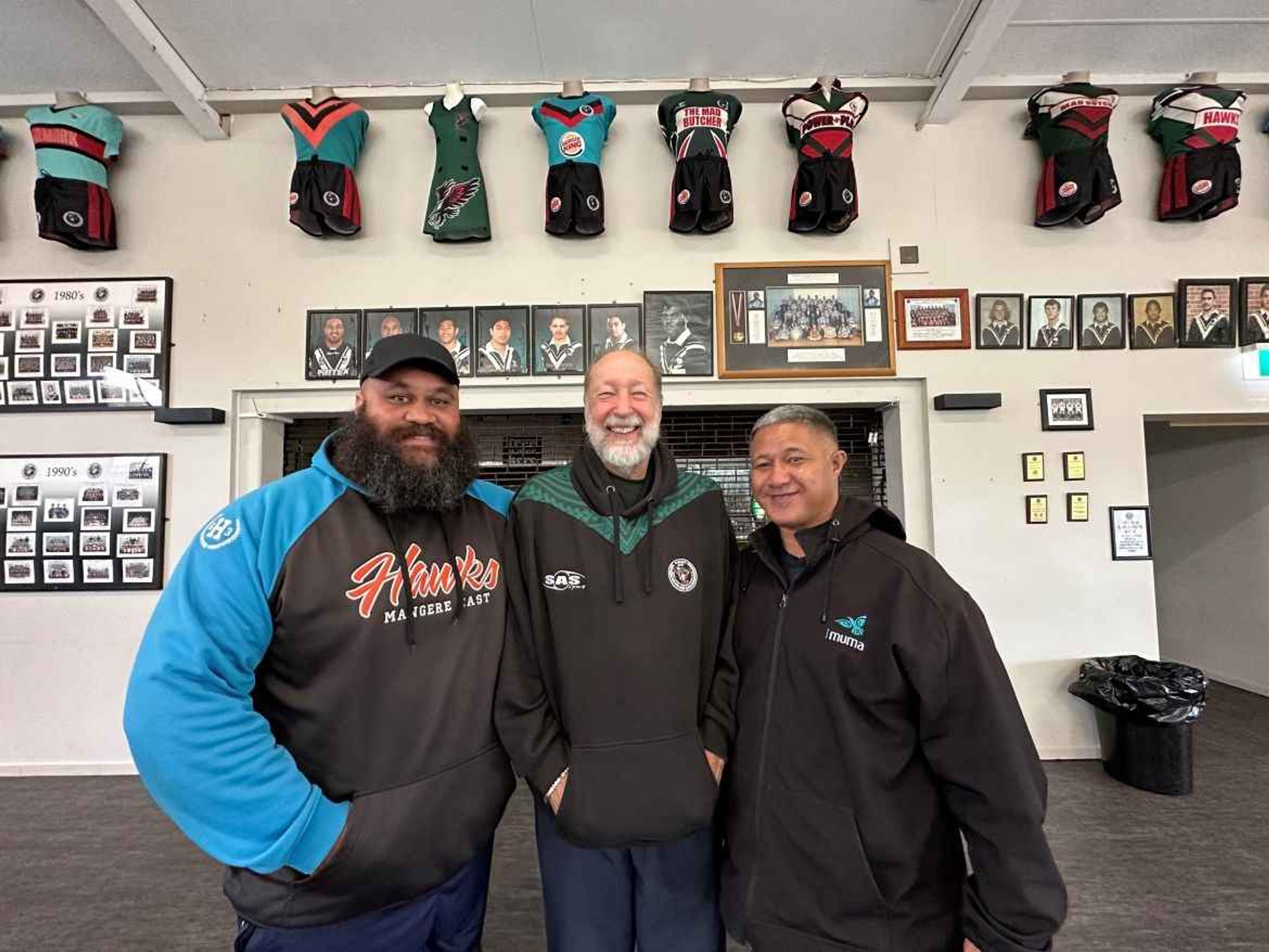 Celebrating 60 yrs of sporting excellence and family connections ​Māngere East Hawks Rugby League Club Jubilee committee members Philip Tasmania, Peter Sykes and Foma'i Tofa. Photo/ PMN News/ Justin Latif