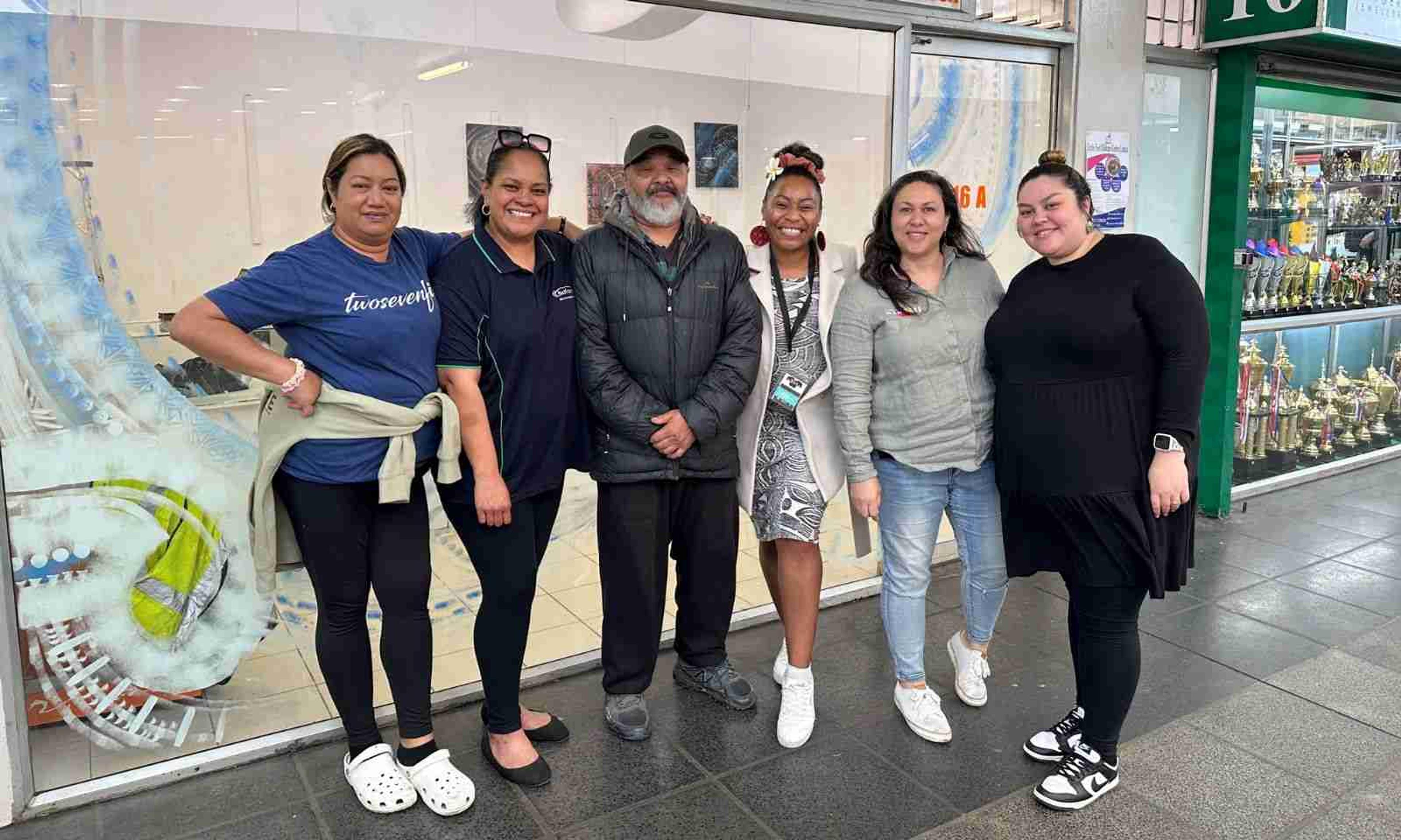 From left, Ema Manase from Emz Pineapple Pies, Margaret Langi from Marlina's Cookies, Troy Ikiua Jackson from Savage Designs, Ernestina Bonsu-Maro from EBM Artistry, Toni Helleur from I Am Mangere and Lillie Refiti from Golden Gardenia.