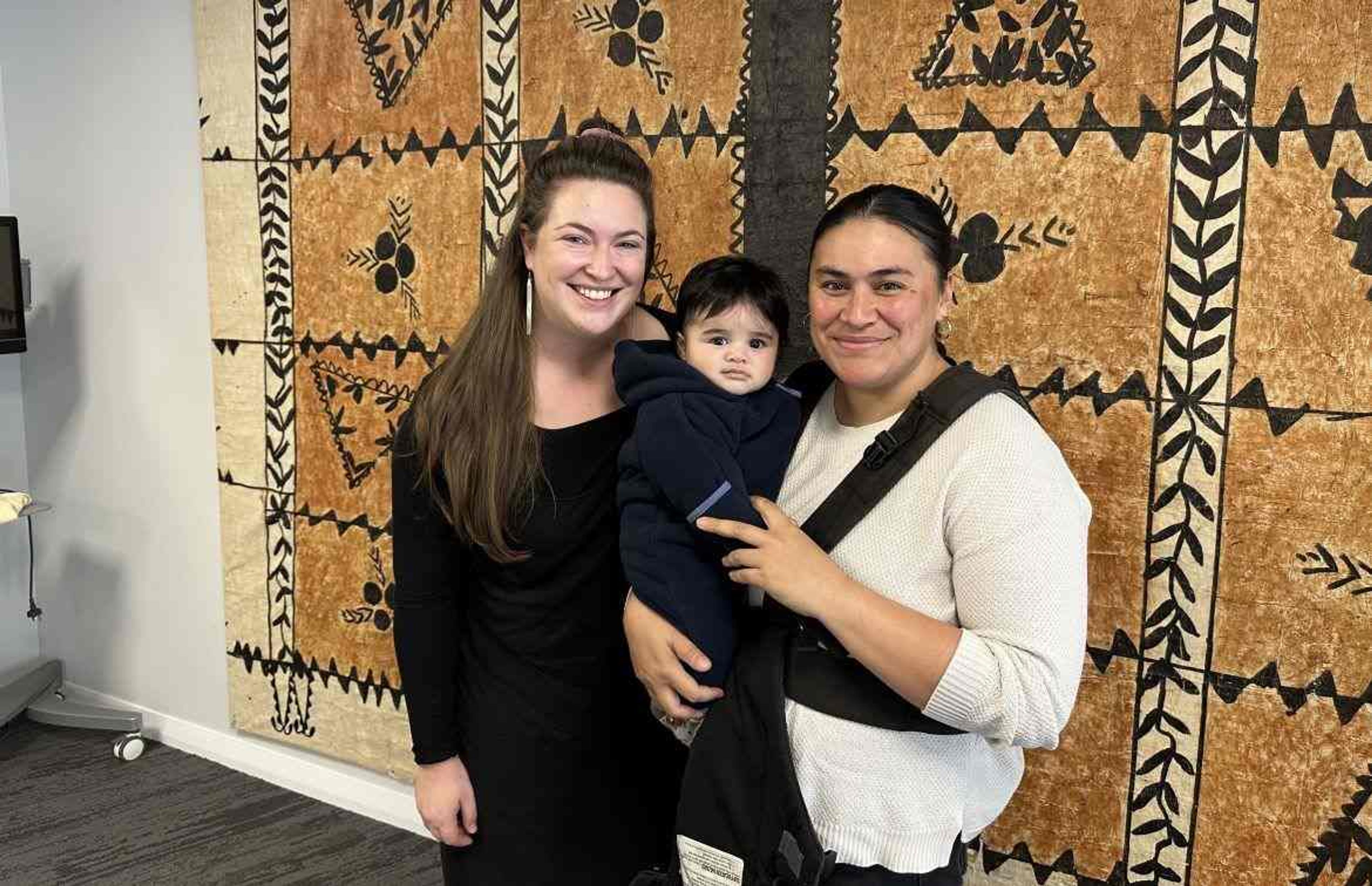 Midwife ​Ellen Worley and Christina Cawlins and her son at Nga Hau Māngere Birthing Centre. 