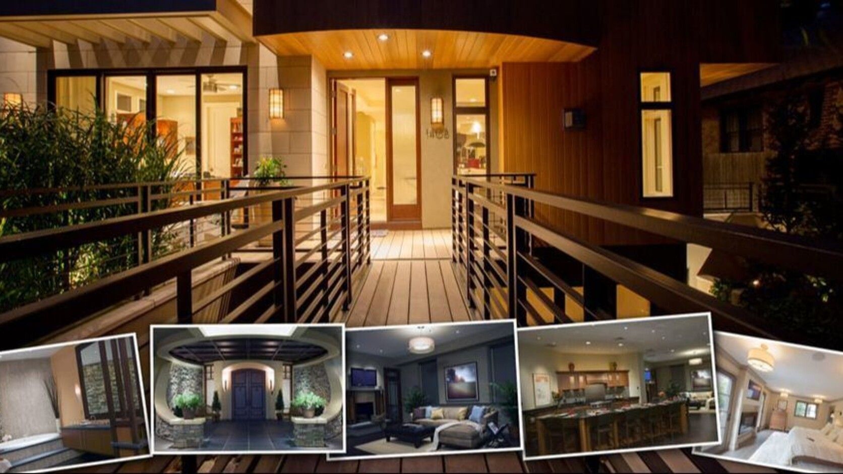Nighttime view of a modern home entrance with inset views of an entry, living room, kitchen, and bedroom.