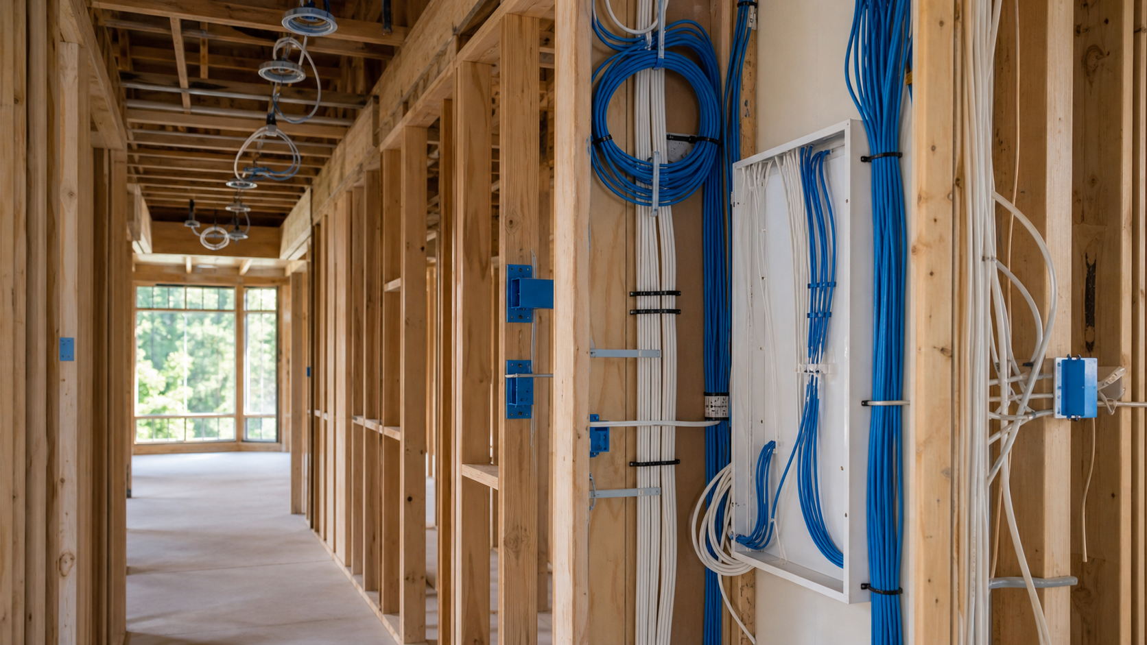 Open residential wall framing with organized low-voltage cable runs before drywall installation.