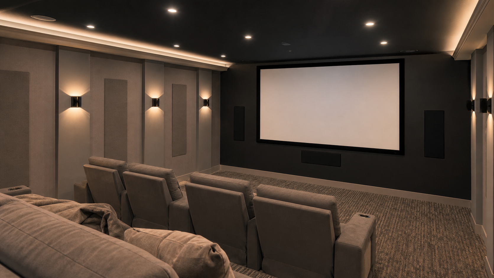 Completed custom home theater with theater seating, a large screen, acoustic wall treatment, and concealed AV wiring.