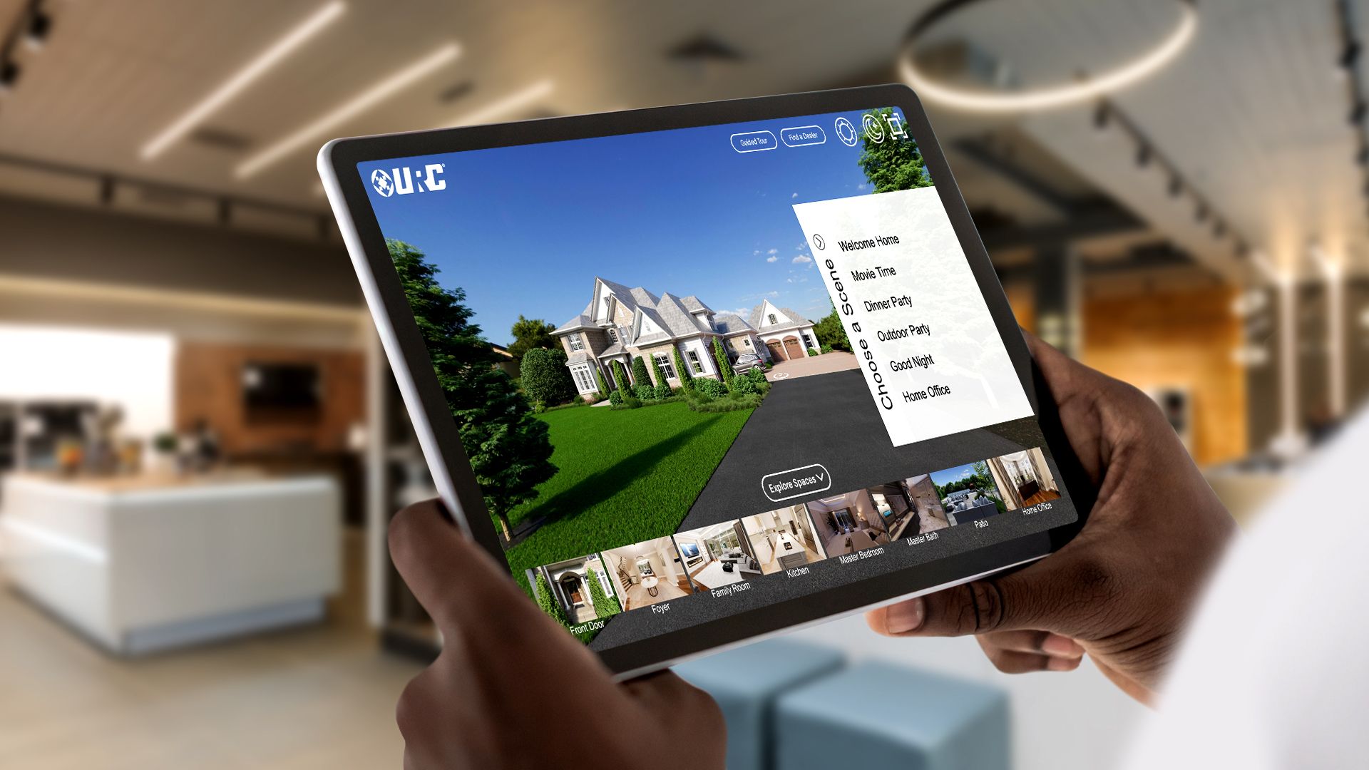 URC home-control interface on a tablet in a finished living space.