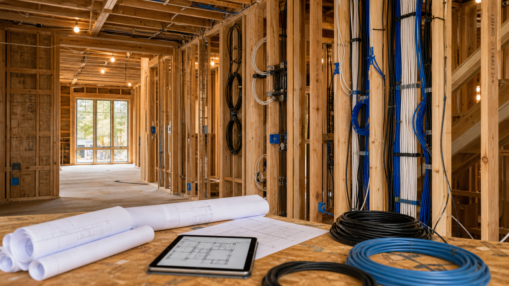 Designated residential technology closet with structured cabling planned before drywall installation.