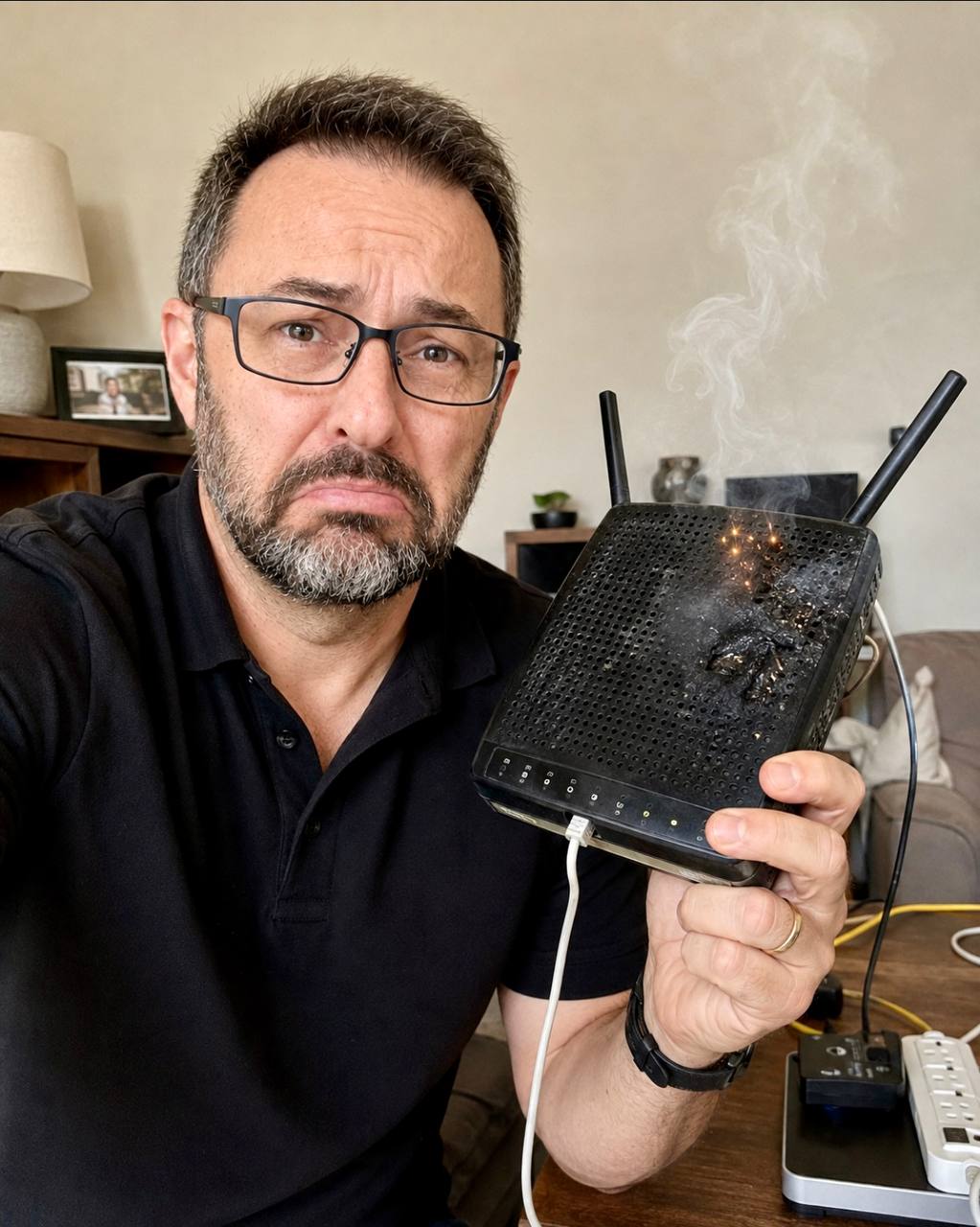 Richard Machemehl holding a visibly burned and smoking network device in a living room.
