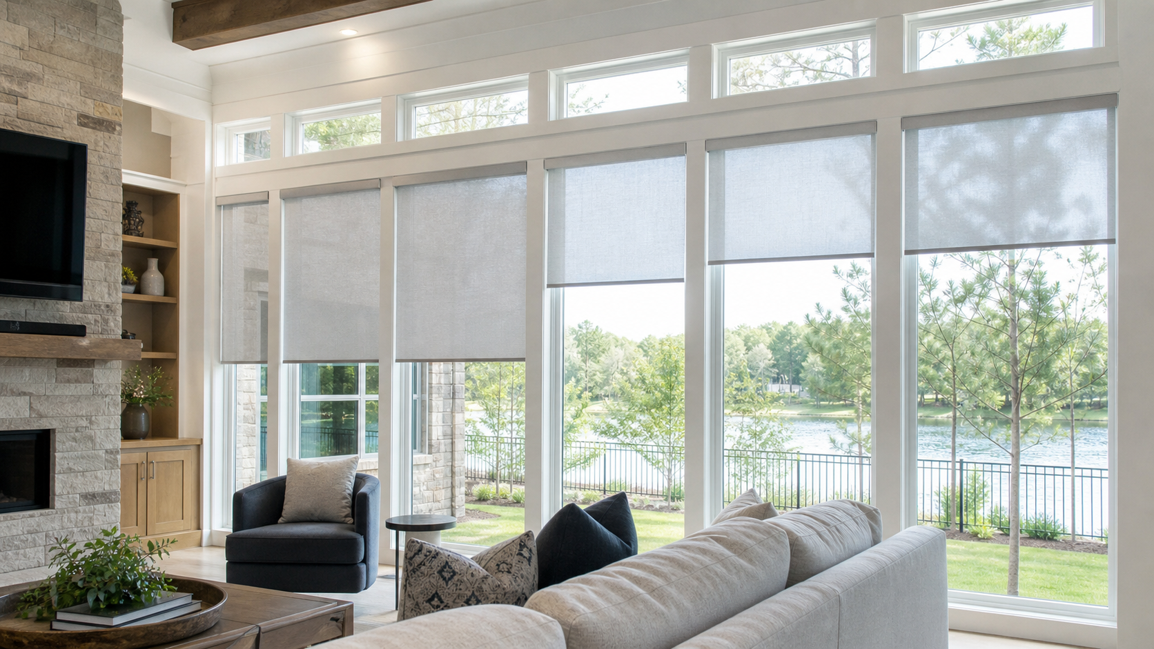 Completed custom-home window with motorized roller shades installed cleanly above the glass.