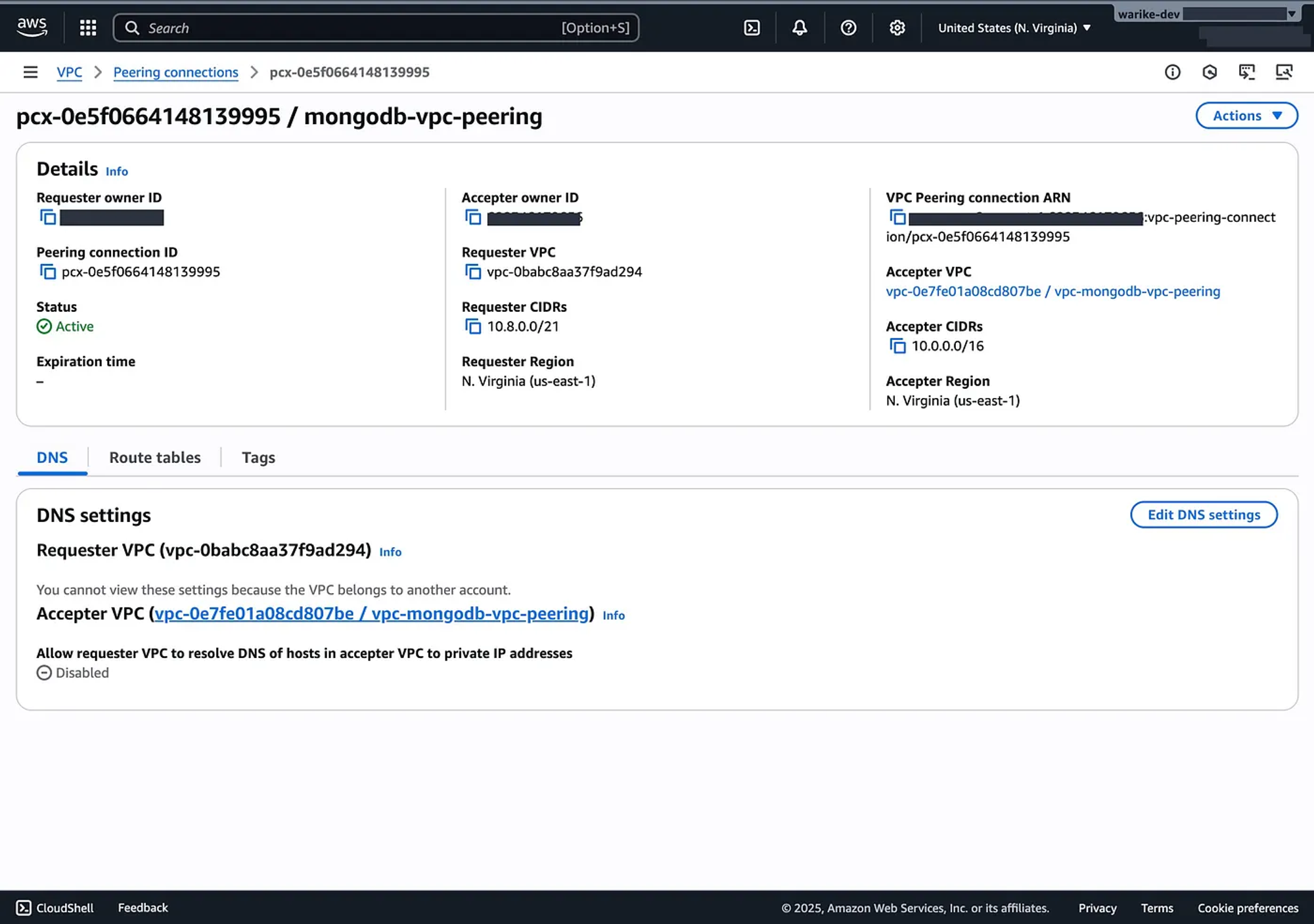 AWS Console - VPC Peering