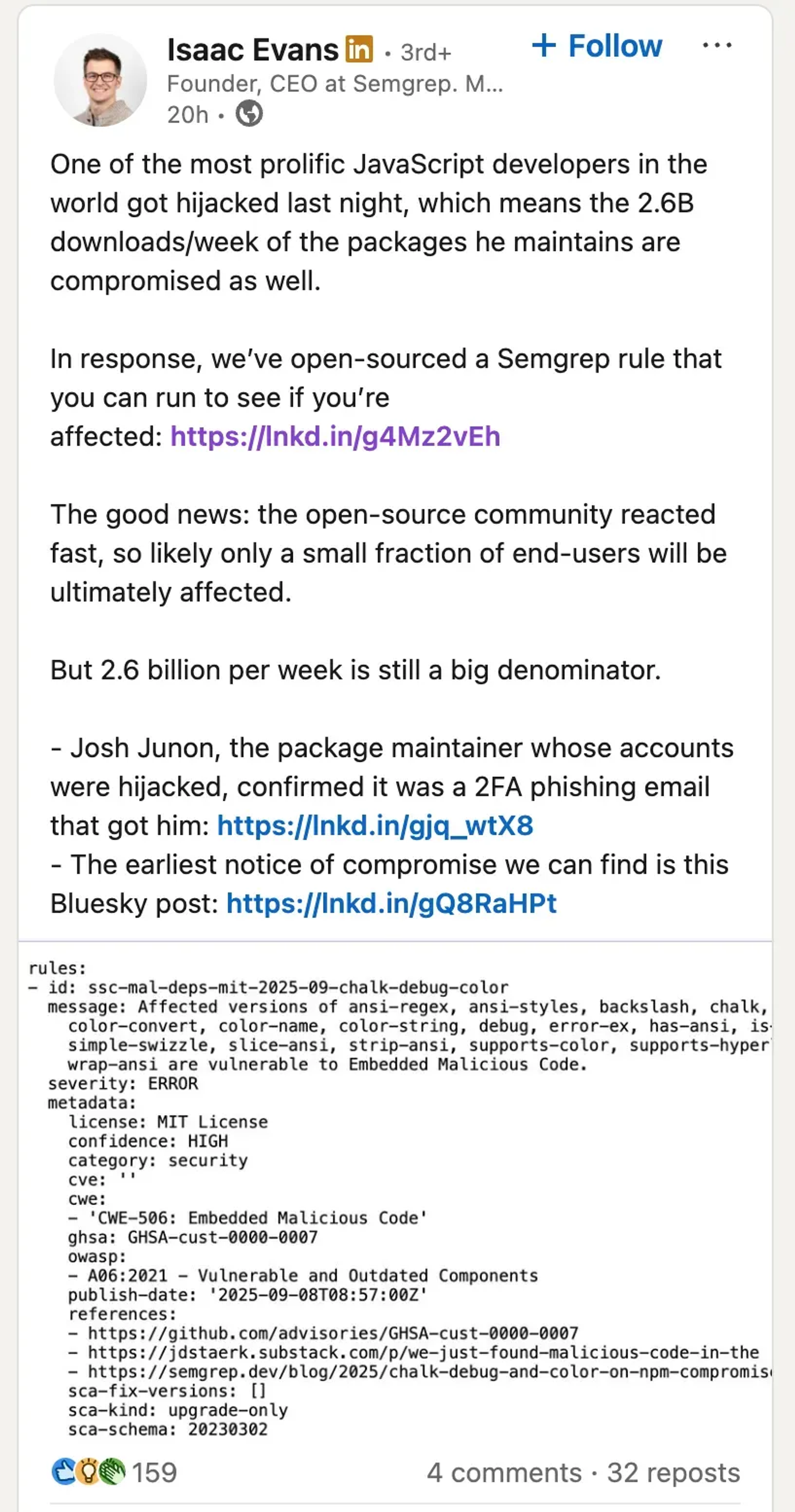 Linkedin post showing support for npm hacking